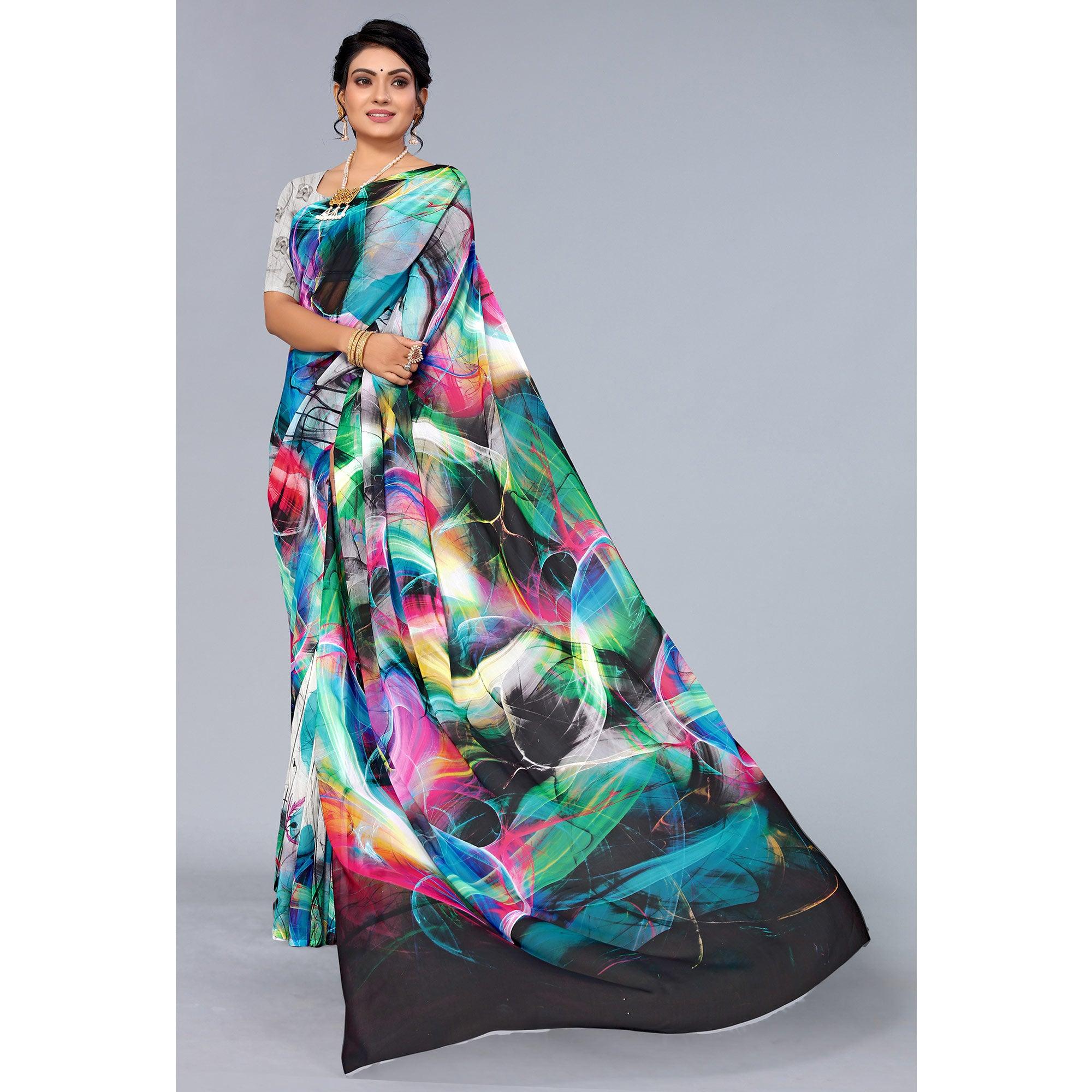 Multicolor Printed Georgette Saree - Peachmode