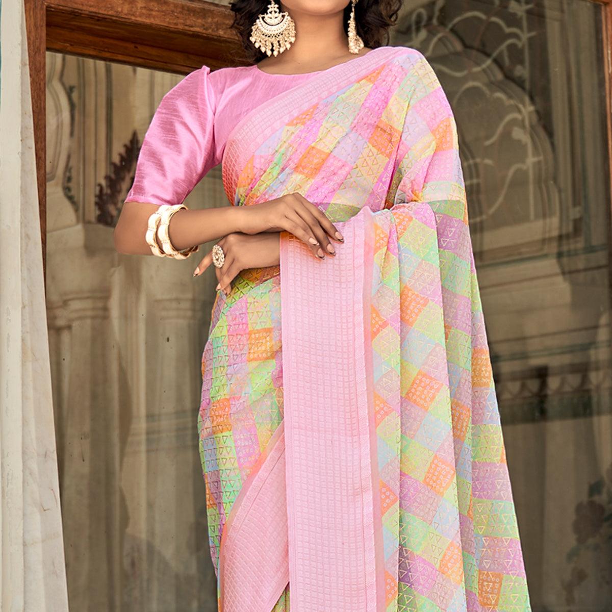 Multicolor Printed Georgette Saree With Tassels - Peachmode