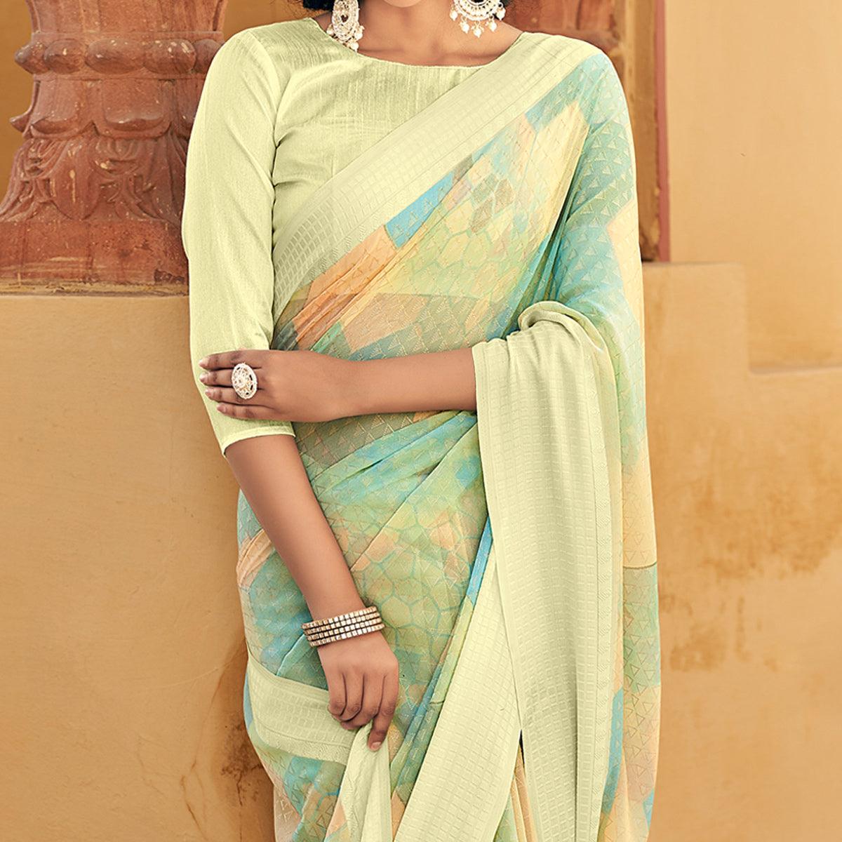 Multicolor Printed Georgette Saree With Tassels - Peachmode