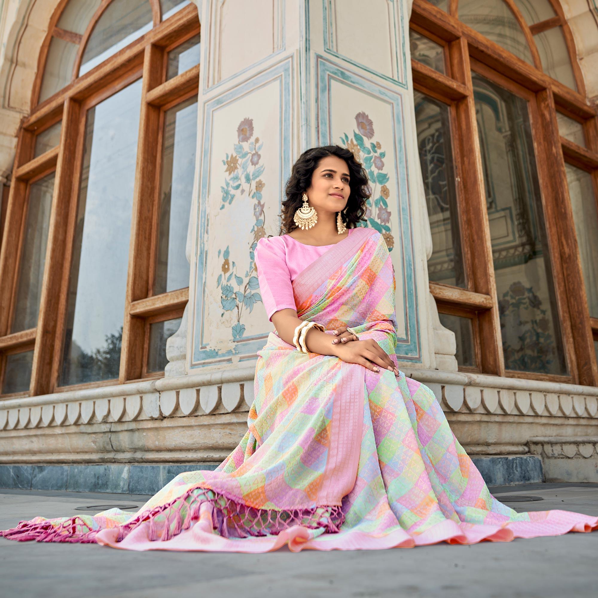 Multicolor Printed Georgette Saree With Tassels - Peachmode