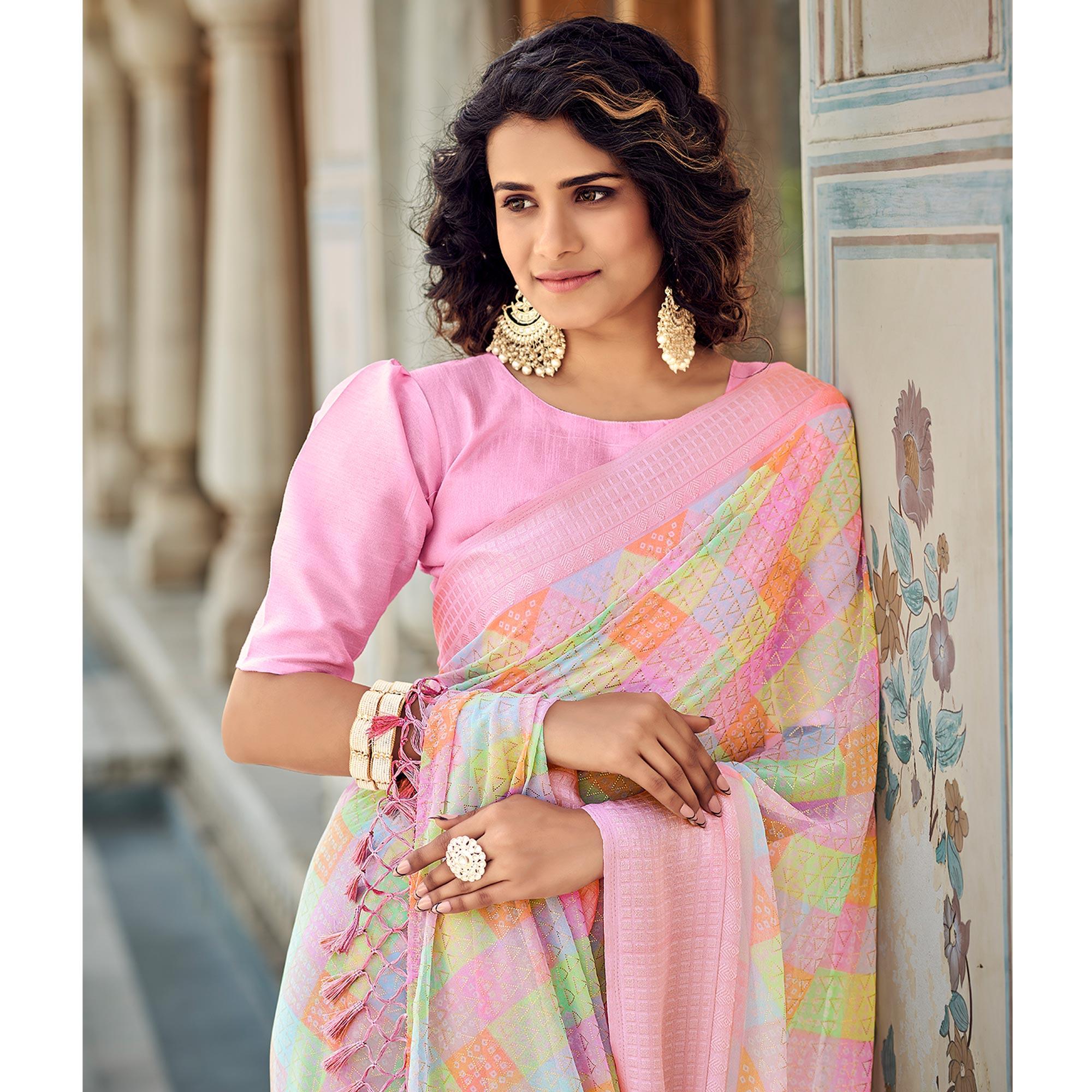 Multicolor Printed Georgette Saree With Tassels - Peachmode
