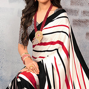 Multicolor Printed Half-Half Satin Saree - Peachmode