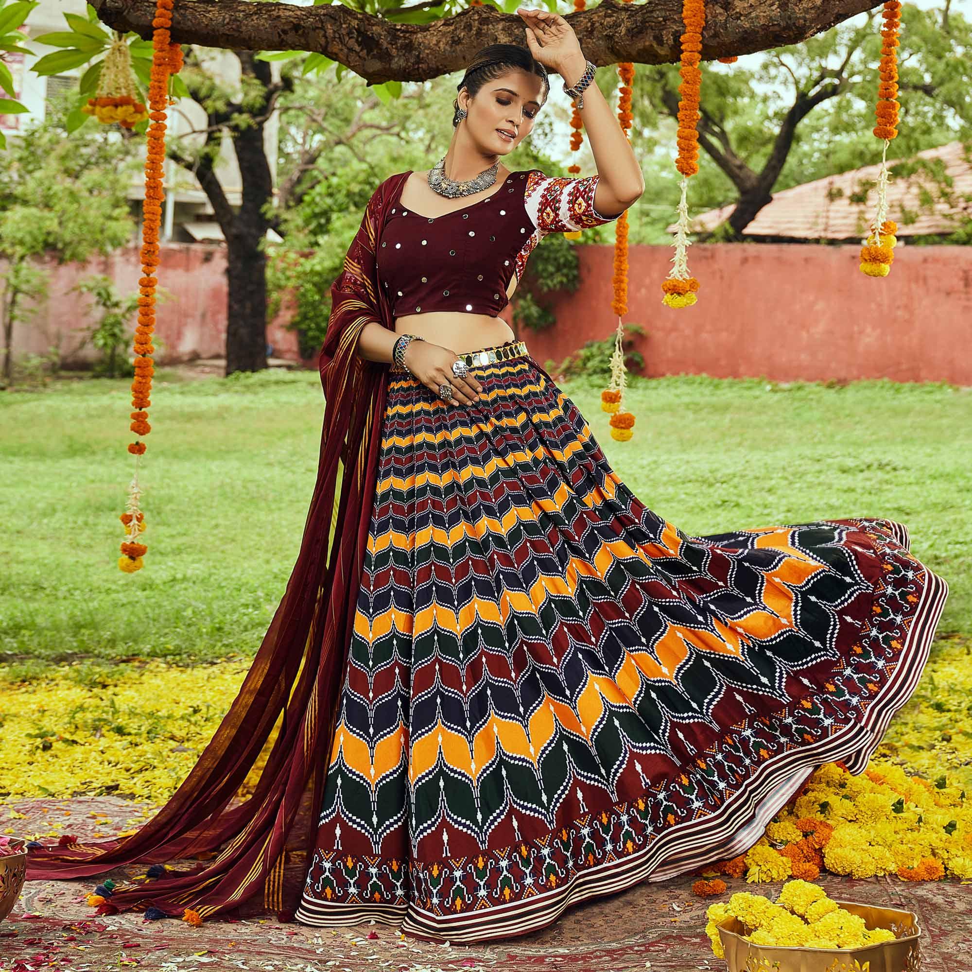 Multicolor Printed Muslin Lehenga Choli - Peachmode