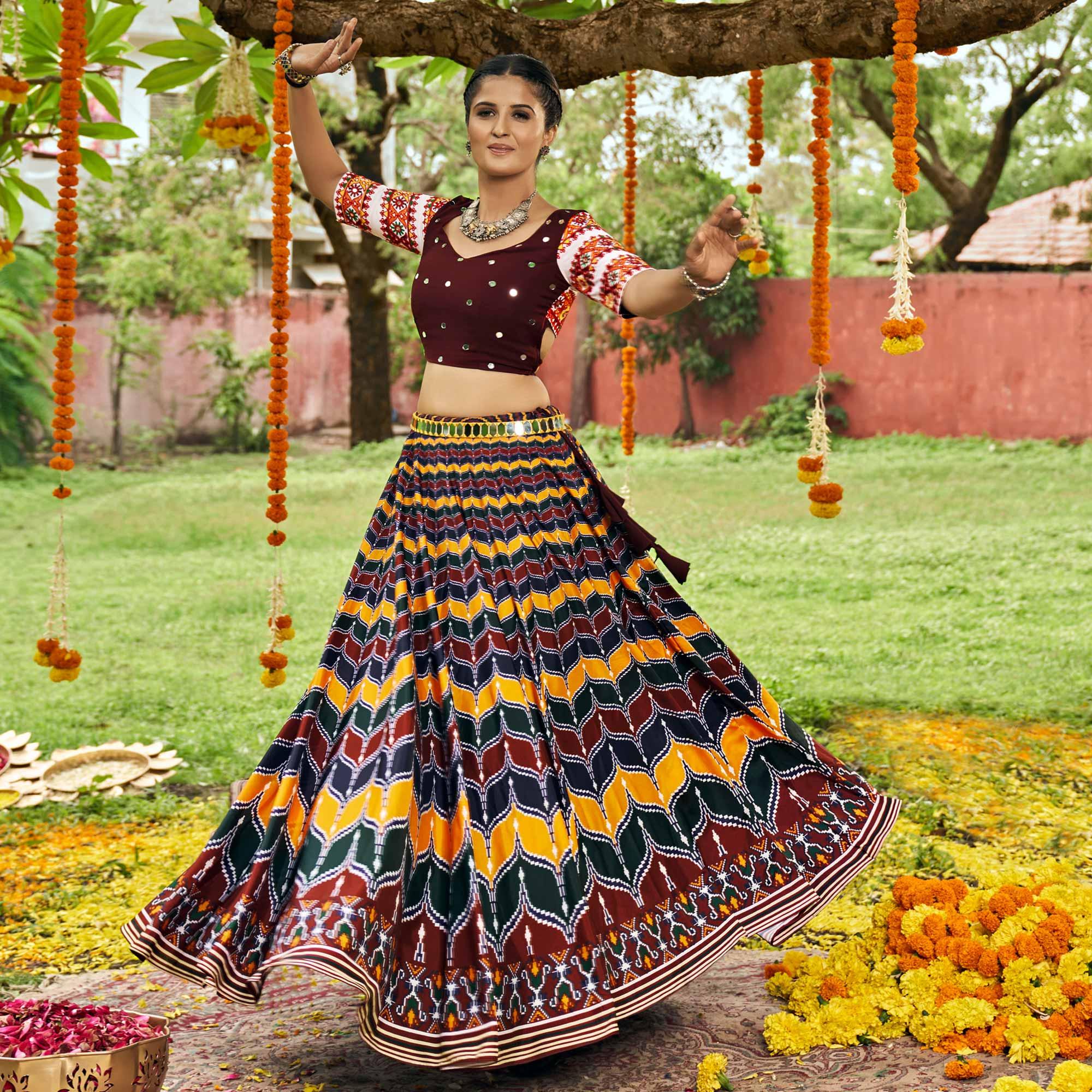 Multicolor Printed Muslin Lehenga Choli - Peachmode