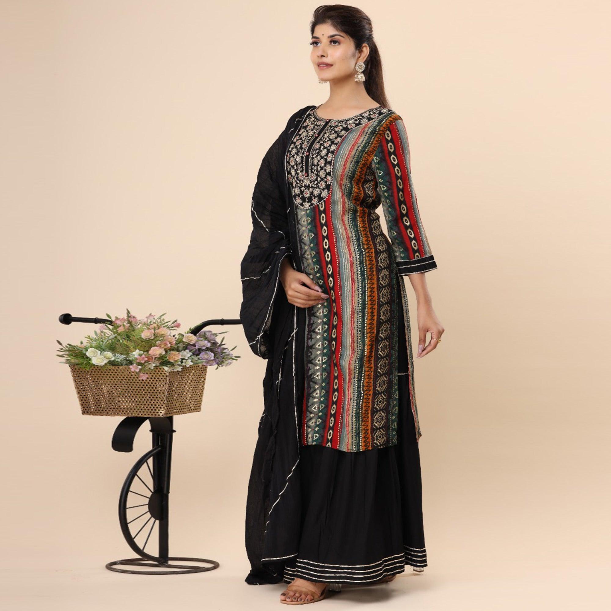 Multicolor Printed Muslin Sharara Suit - Peachmode