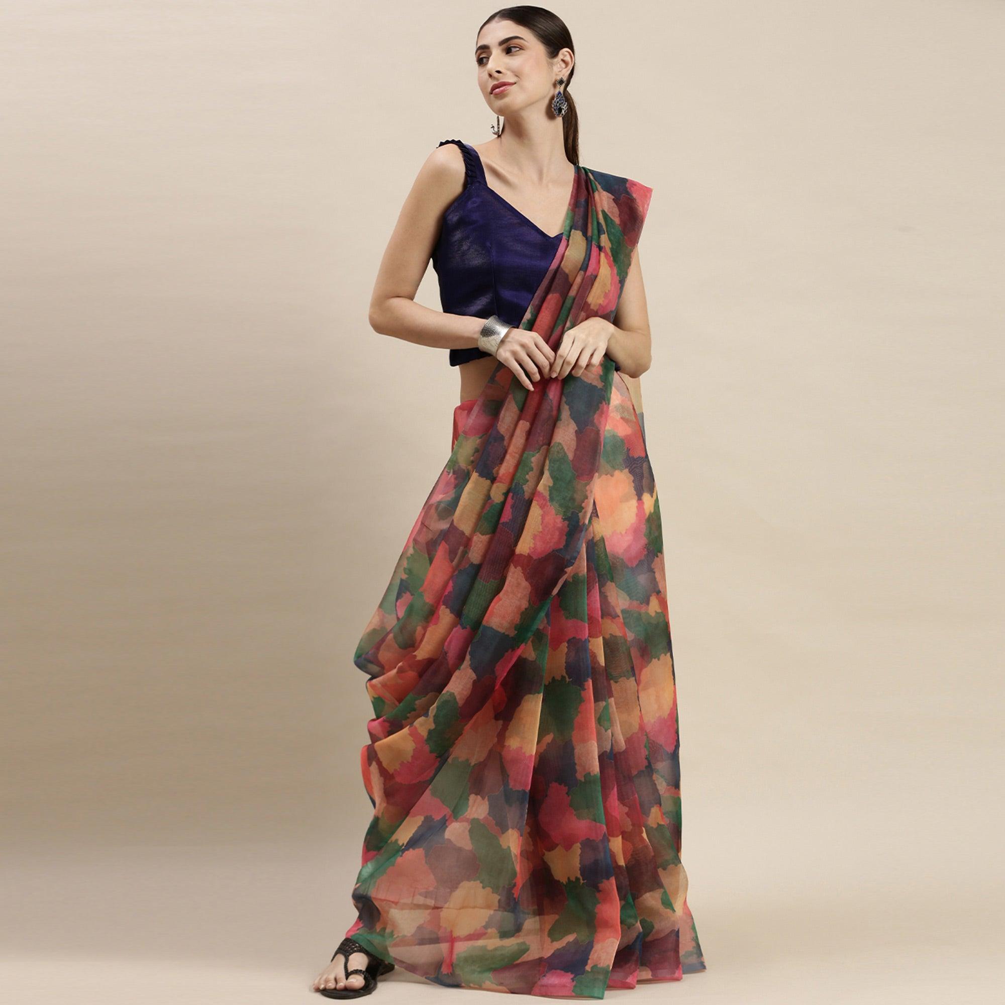 Multicolor Printed Organza Saree - Peachmode