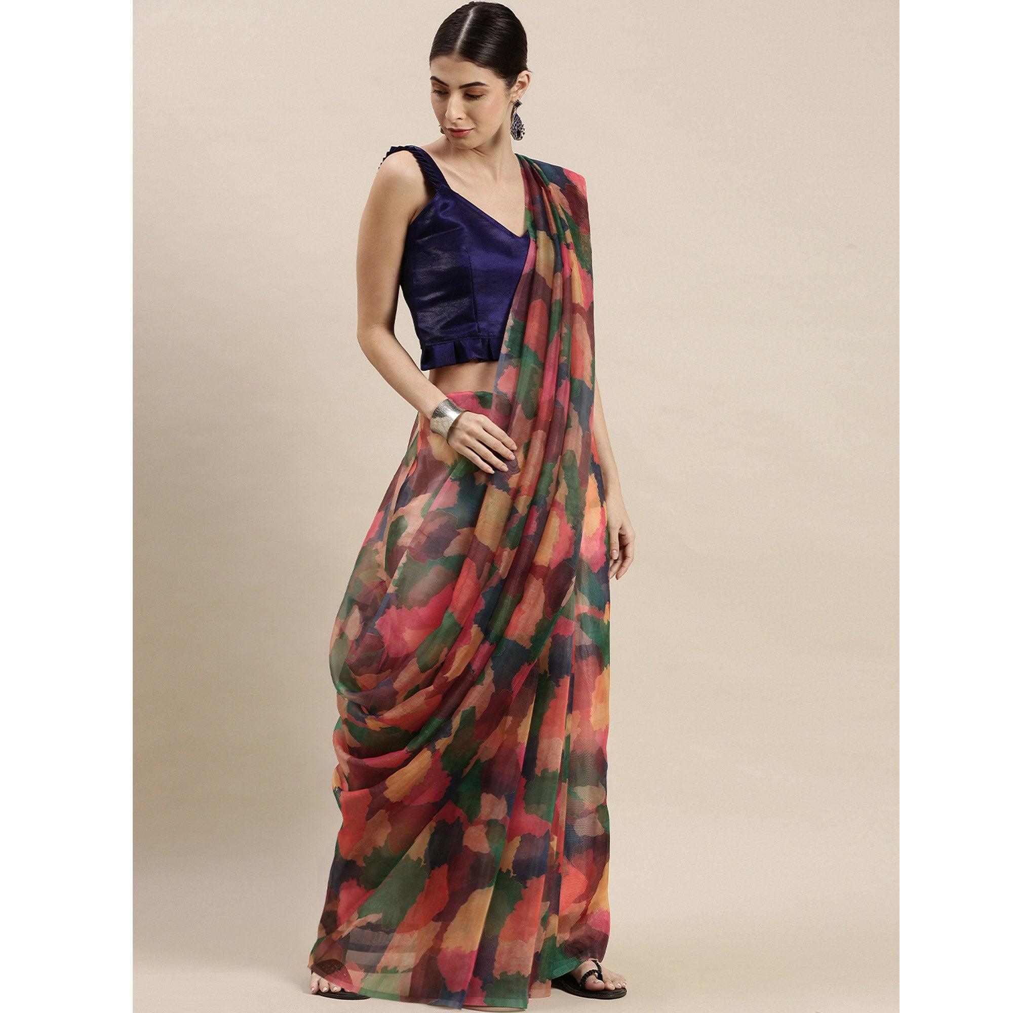 Multicolor Printed Organza Saree - Peachmode