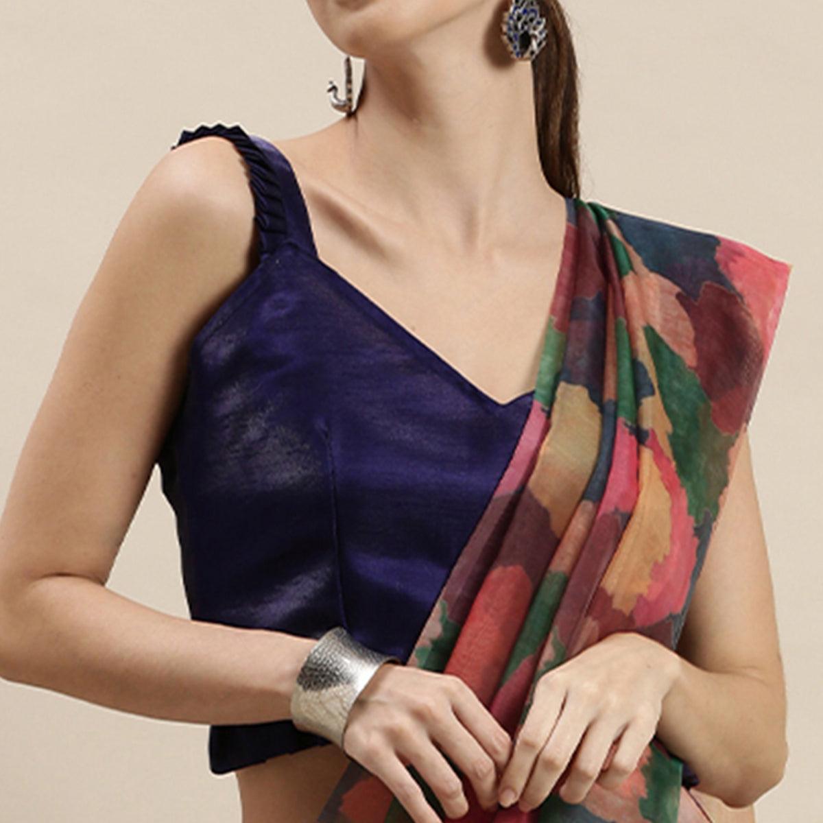 Multicolor Printed Organza Saree - Peachmode