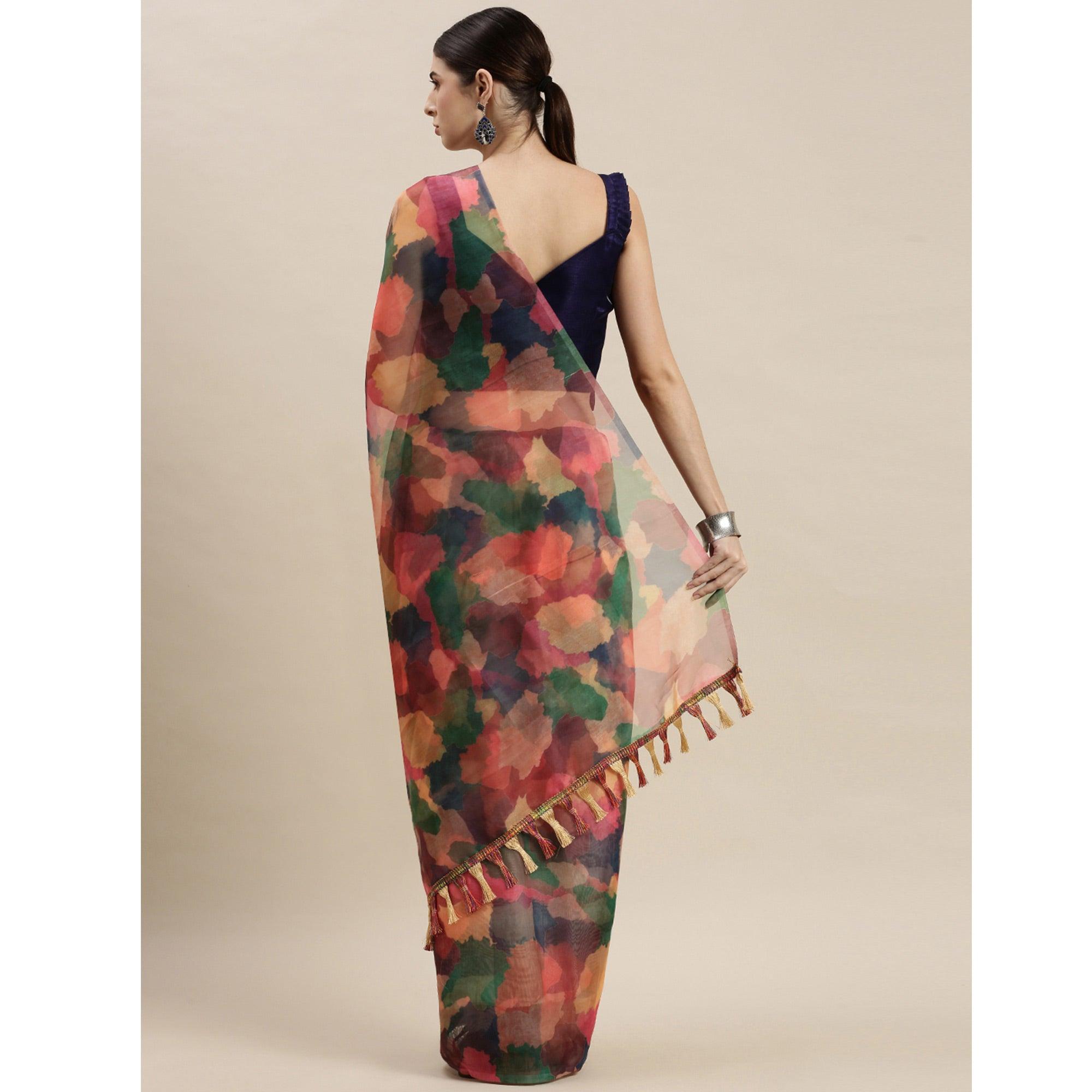 Multicolor Printed Organza Saree - Peachmode