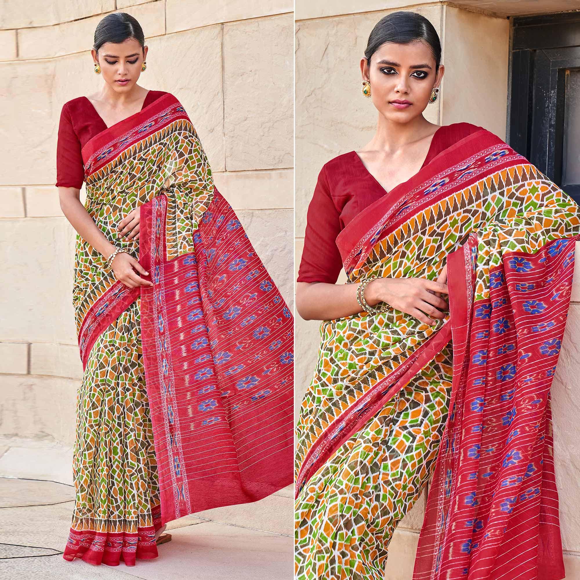Multicolor Printed Poly Cotton Saree - Peachmode