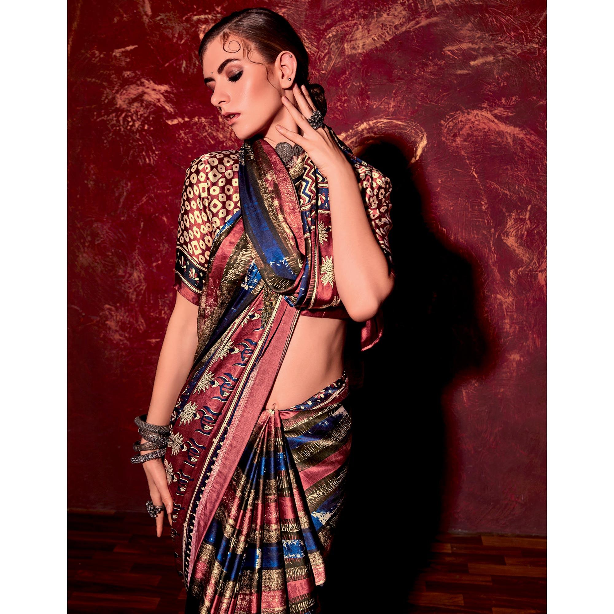 Multicolor Printed Satin Saree - Peachmode