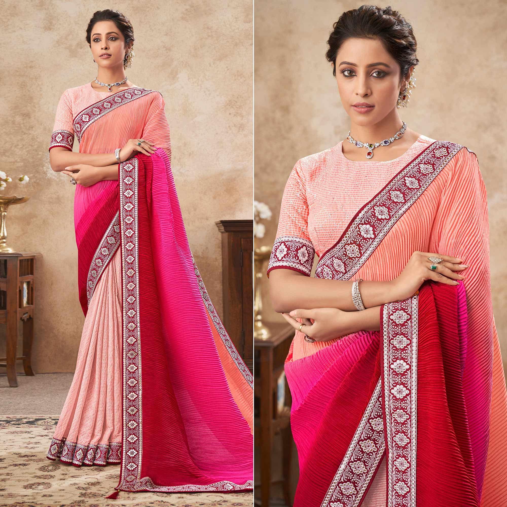 Multicolor Sequence Embroidered Chiffon Half & Half Saree - Peachmode