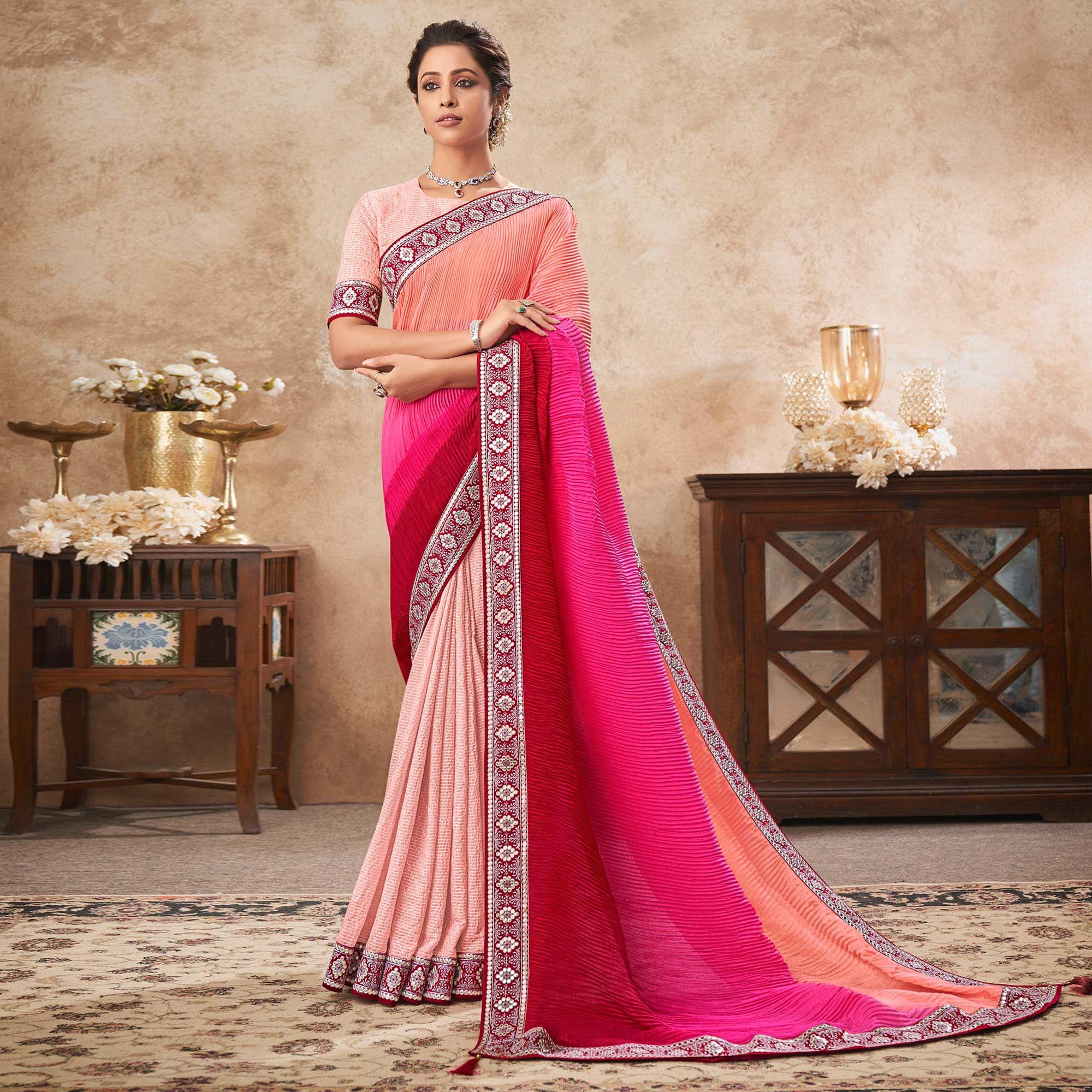 Multicolor Sequence Embroidered Chiffon Half & Half Saree - Peachmode