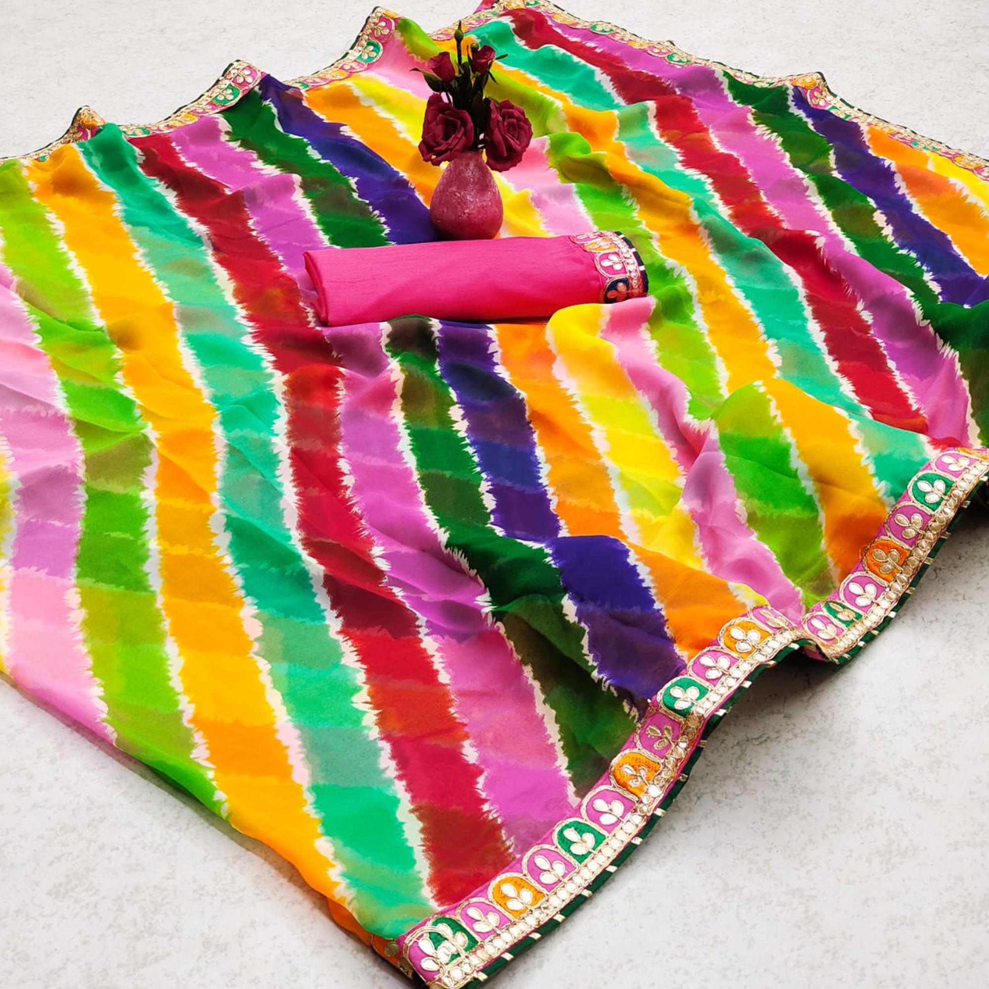 Multicolor Striped Printed Georgette Saree - Peachmode