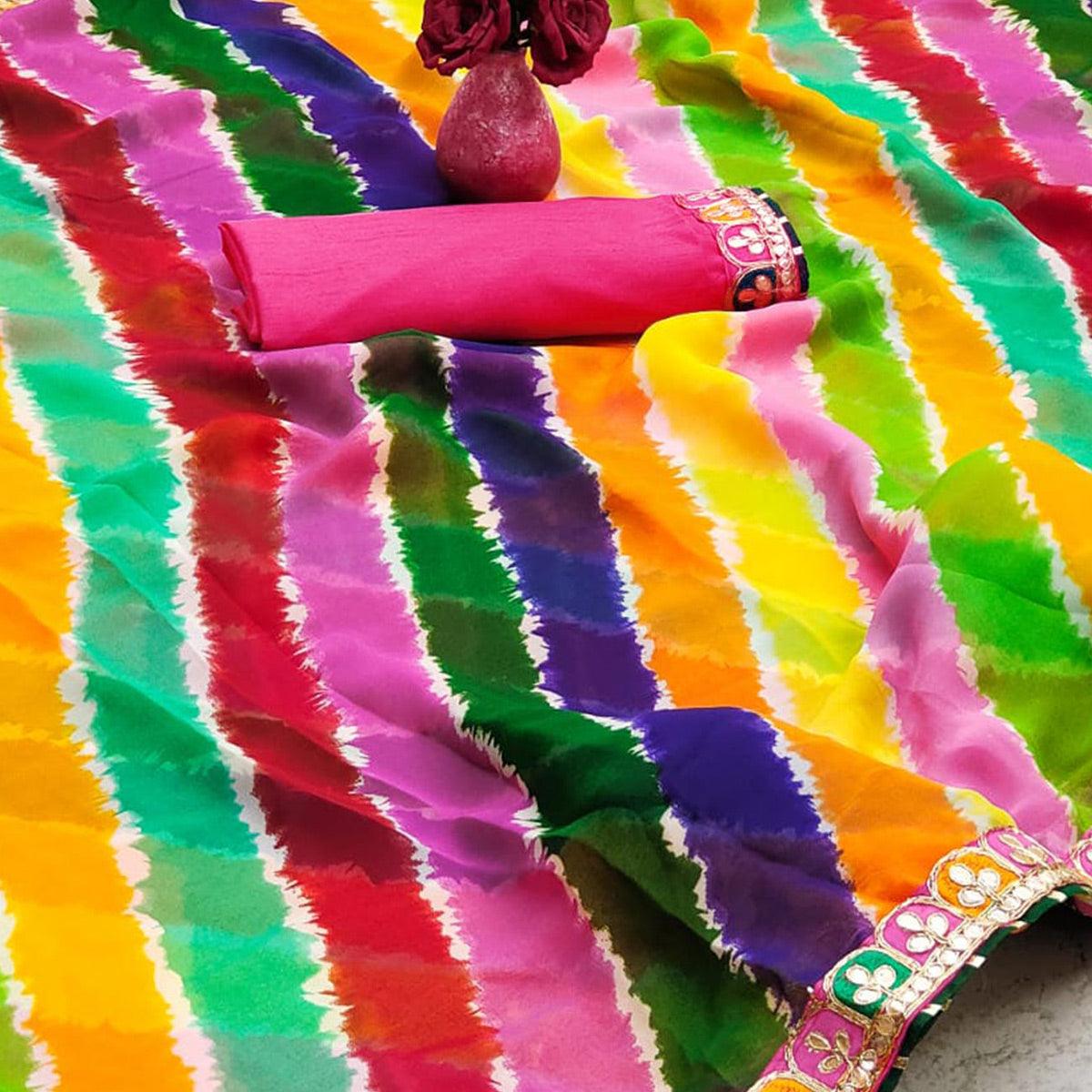 Multicolor Striped Printed Georgette Saree - Peachmode