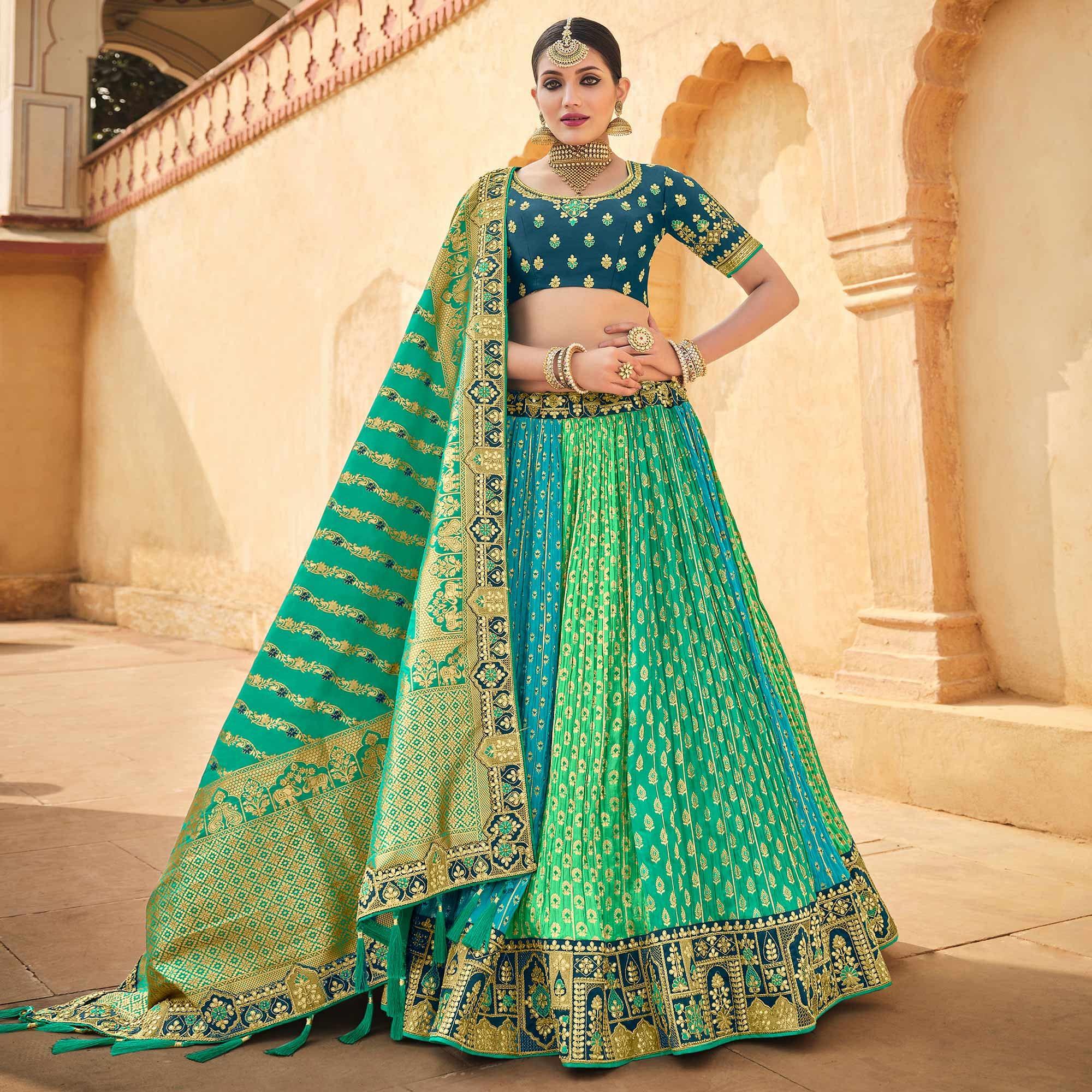 Multicolor Wedding Wear Woven-Embellished Banarasi Silk Lehenga Choli - Peachmode