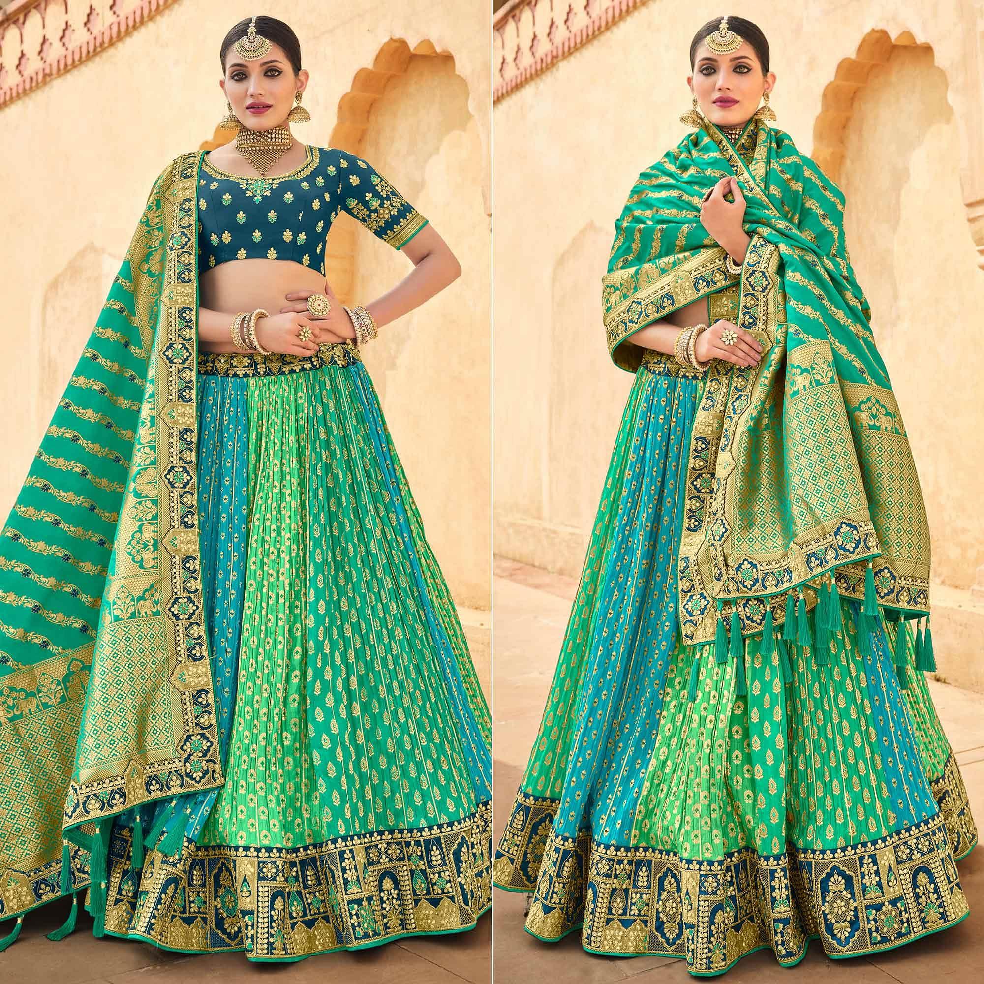 Multicolor Wedding Wear Woven-Embellished Banarasi Silk Lehenga Choli - Peachmode