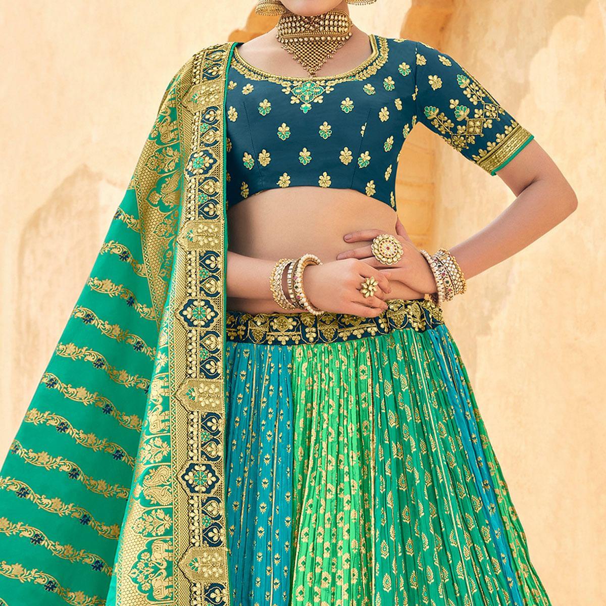 Multicolor Wedding Wear Woven-Embellished Banarasi Silk Lehenga Choli - Peachmode