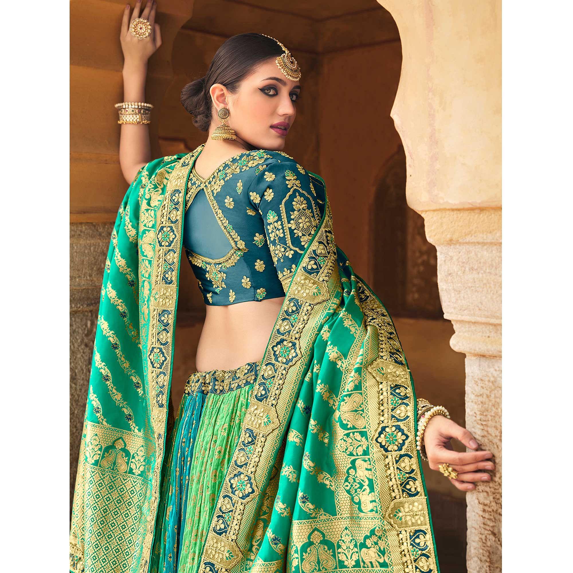 Multicolor Wedding Wear Woven-Embellished Banarasi Silk Lehenga Choli - Peachmode