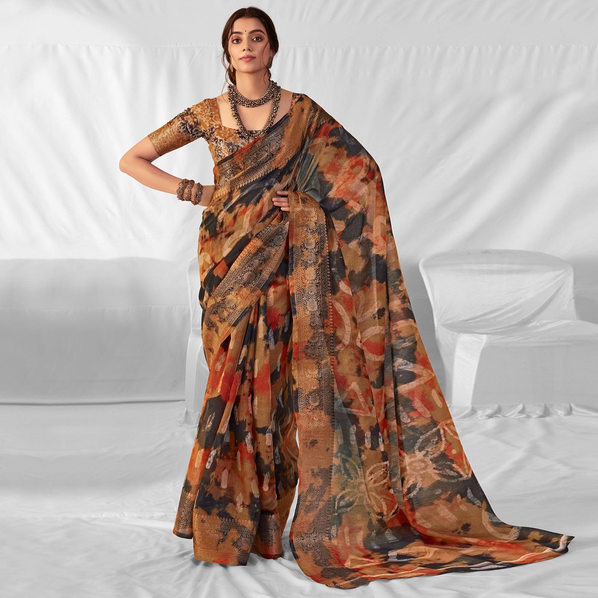 Multicolor Woven-Printed Chanderi Saree - Peachmode