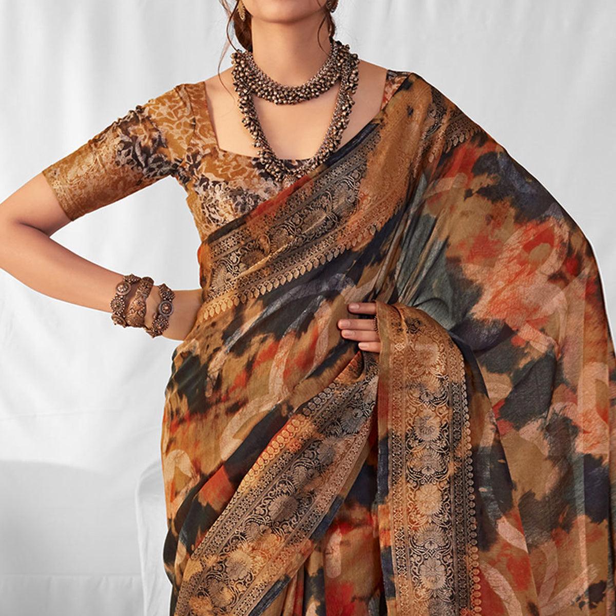 Multicolor Woven-Printed Chanderi Saree - Peachmode