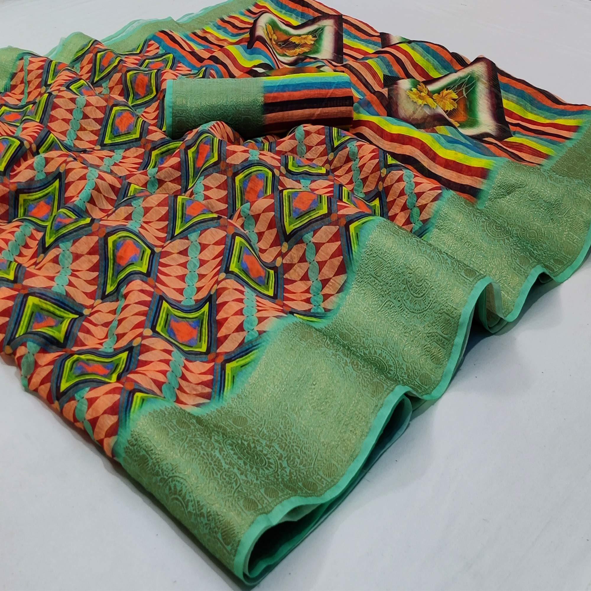 Multicolored Casual Wear Digital Print With Woven Border Linen Saree - Peachmode