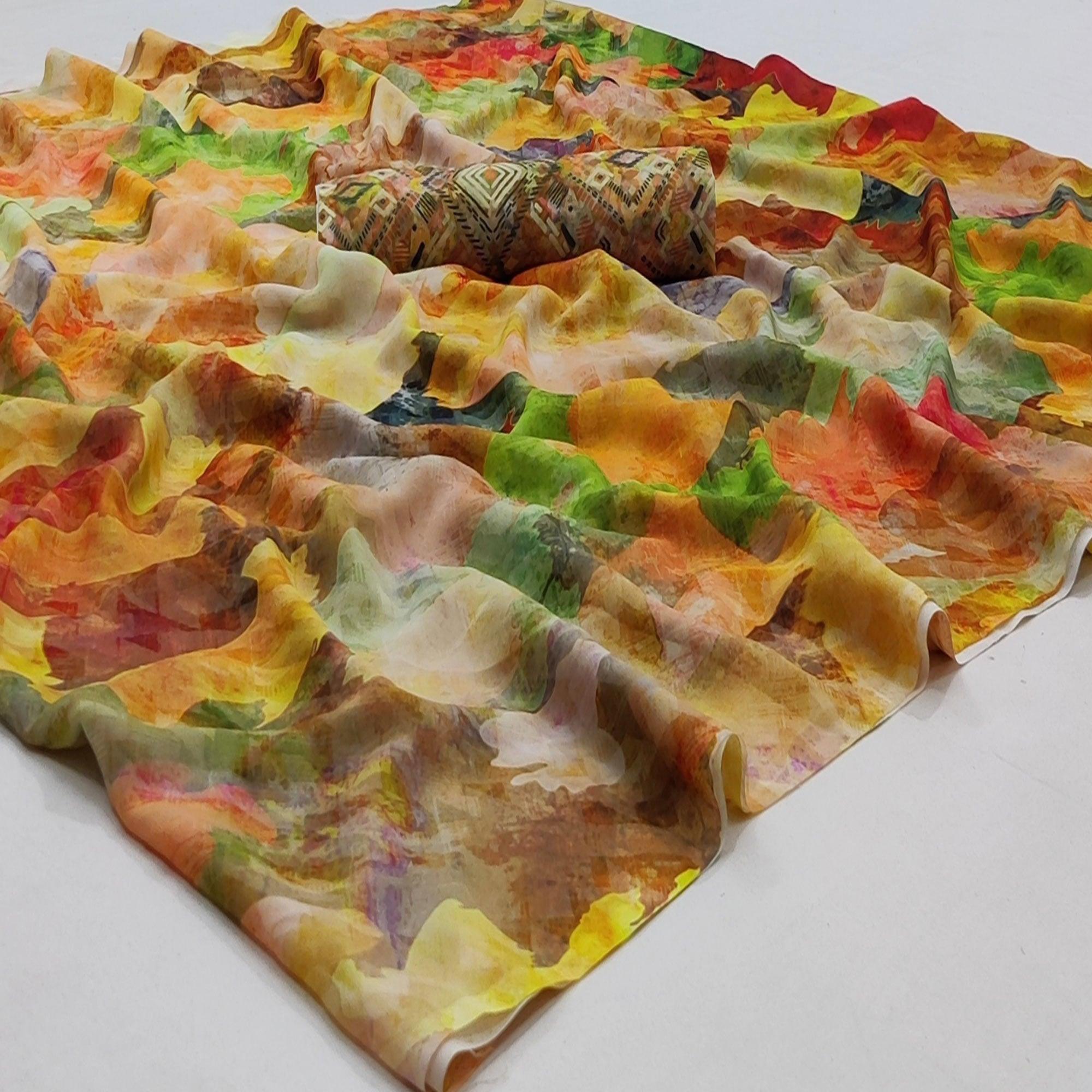 Multicolored Casual Wear Digital Printed Georgette Saree - Peachmode