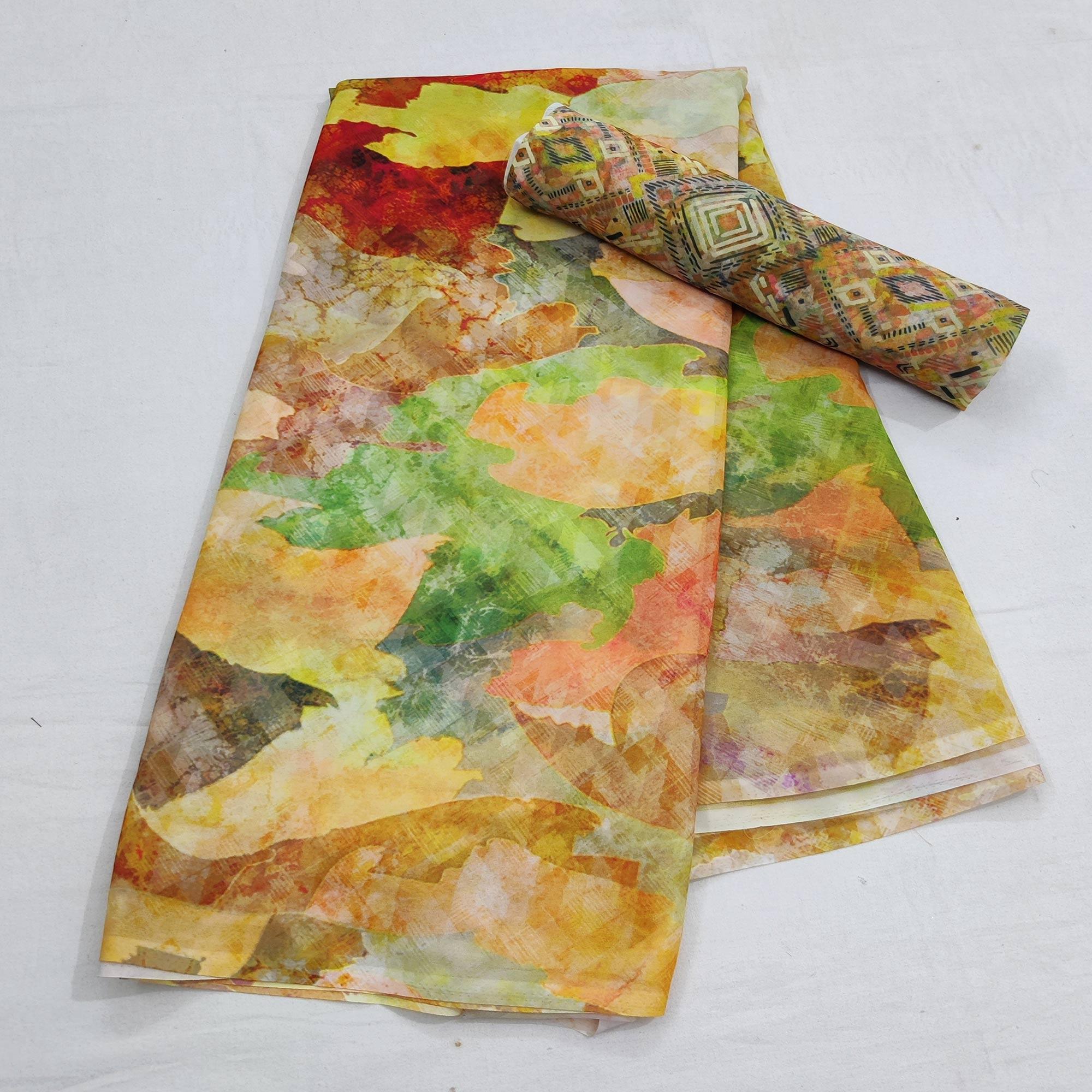 Multicolored Casual Wear Digital Printed Georgette Saree - Peachmode