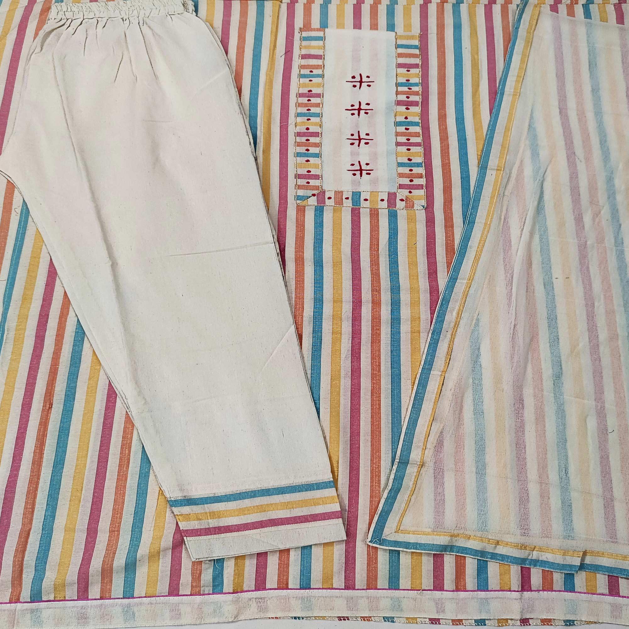 Multicolored Casual Wear Embroidery With Strip Cotton Dress Material - Peachmode