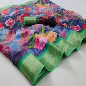 Multicolored Casual Wear Floral Digital Printed Georgatte Saree - Peachmode