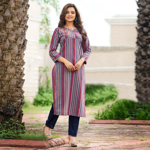 Multicolored Casual Wear Floral Embroidered Pure Cotton Kurti - Peachmode