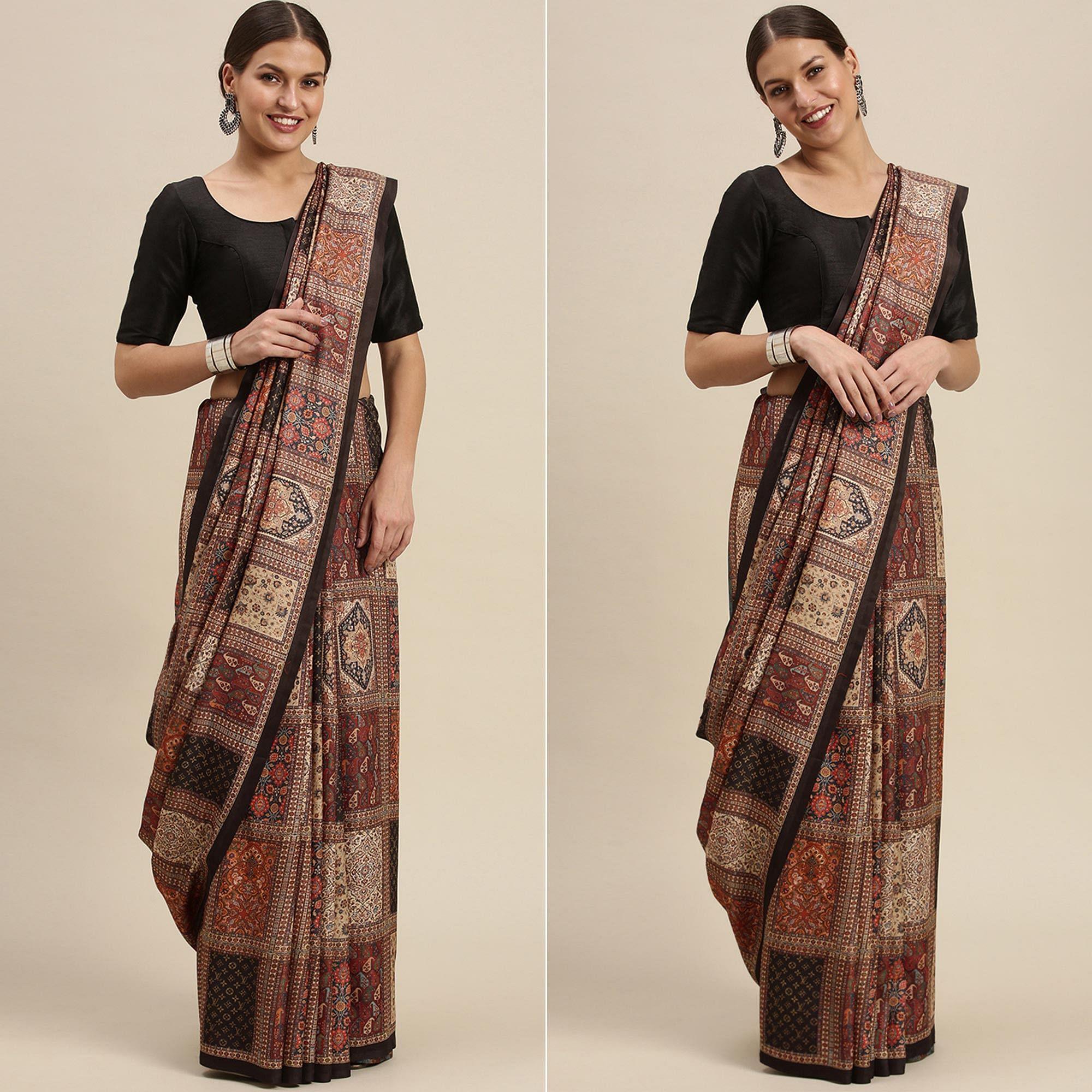 Multicolored Casual Wear Floral Printed Art Silk Saree - Peachmode