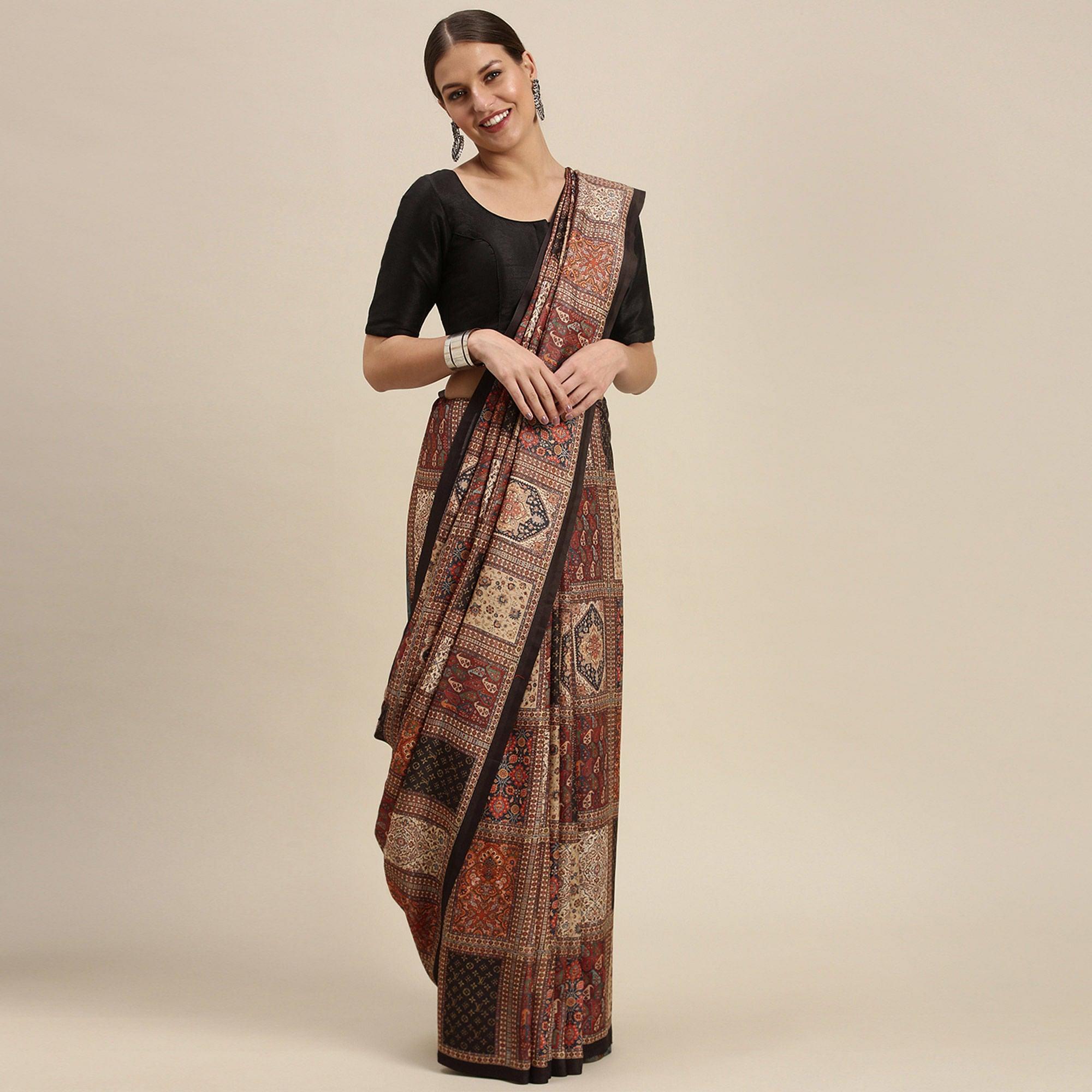 Multicolored Casual Wear Floral Printed Art Silk Saree - Peachmode