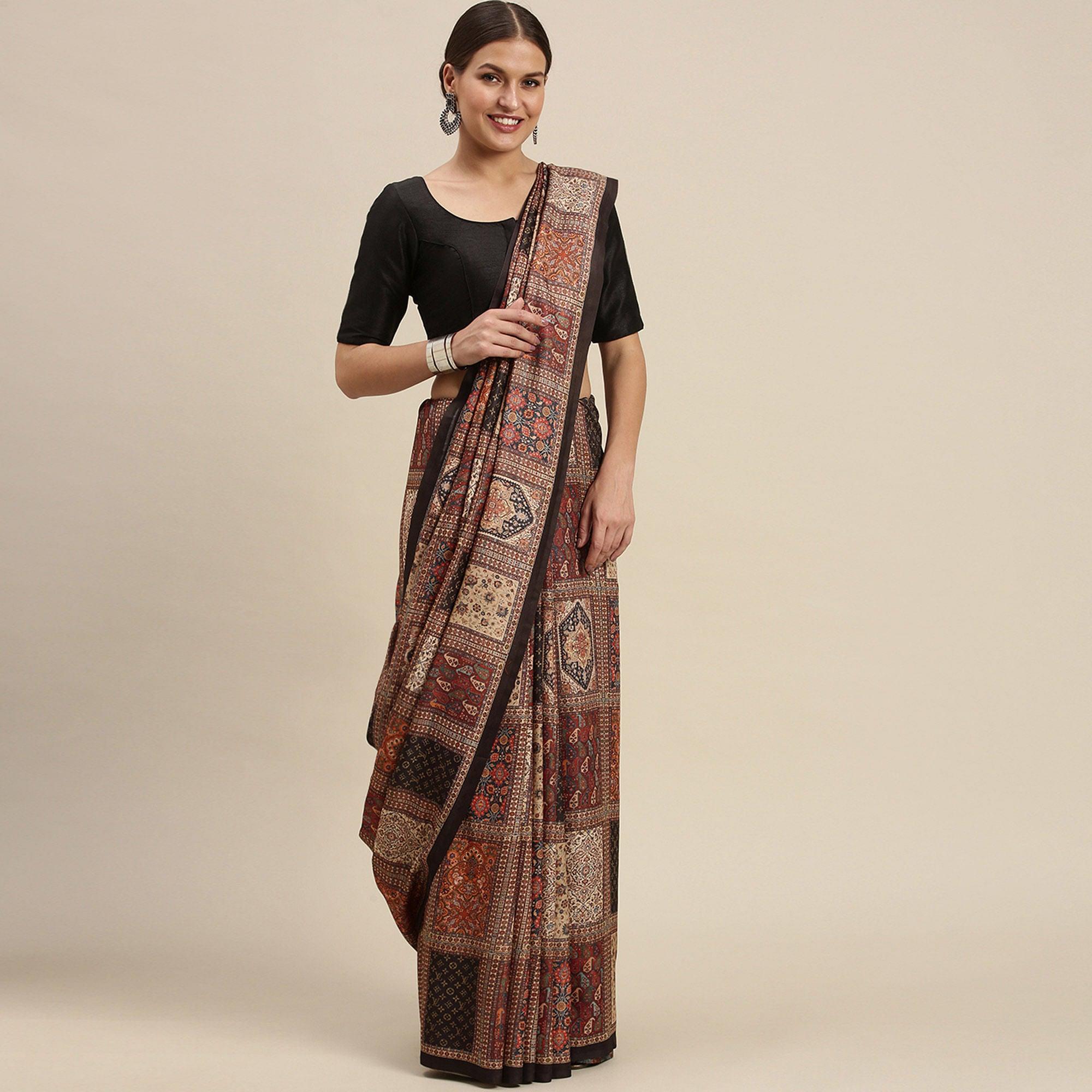 Multicolored Casual Wear Floral Printed Art Silk Saree - Peachmode