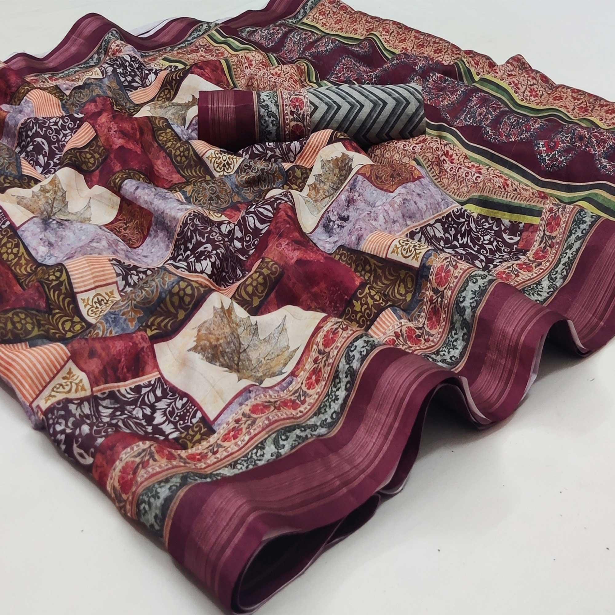 Multicolored Casual Wear Floral Printed Silk Saree - Peachmode