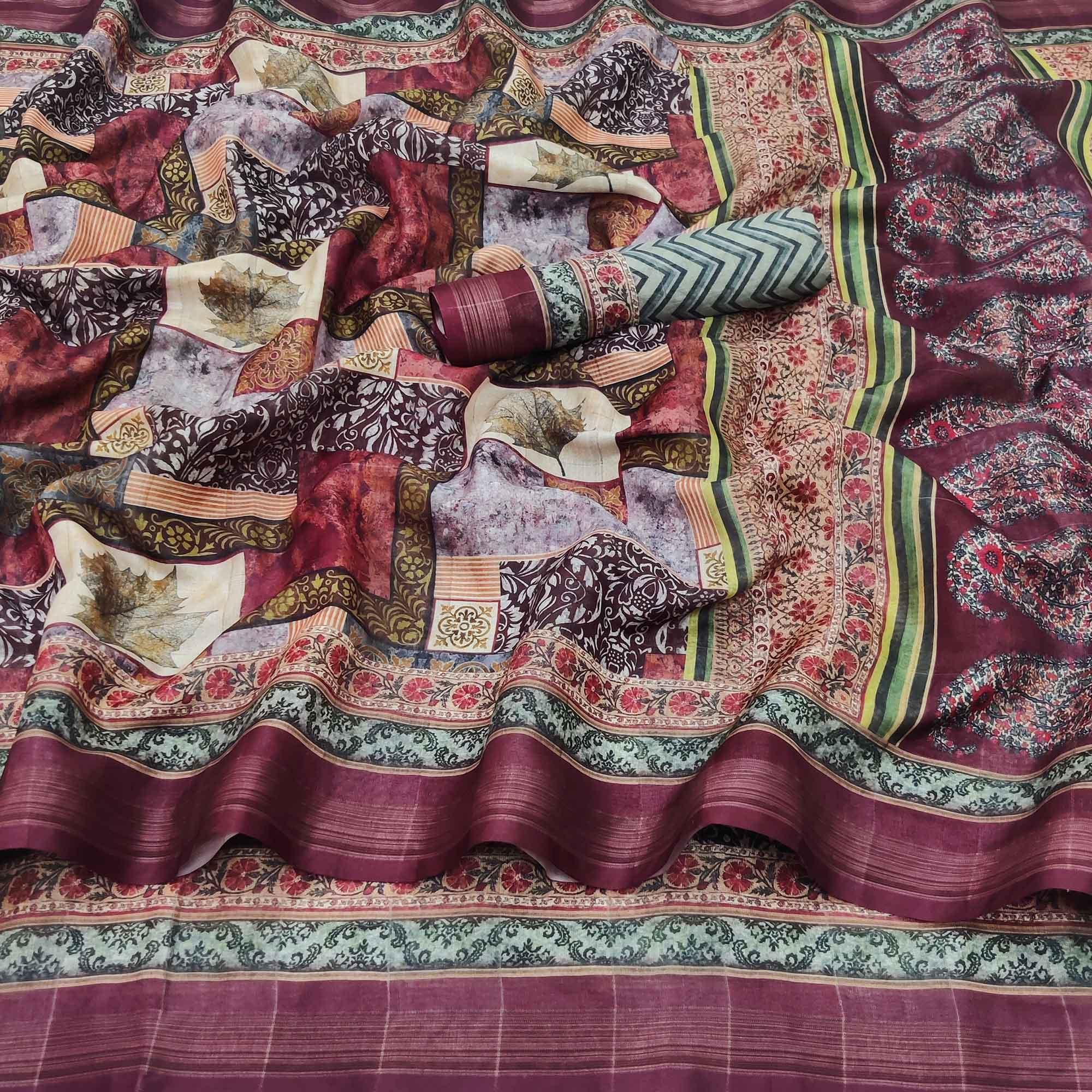 Multicolored Casual Wear Floral Printed Silk Saree - Peachmode