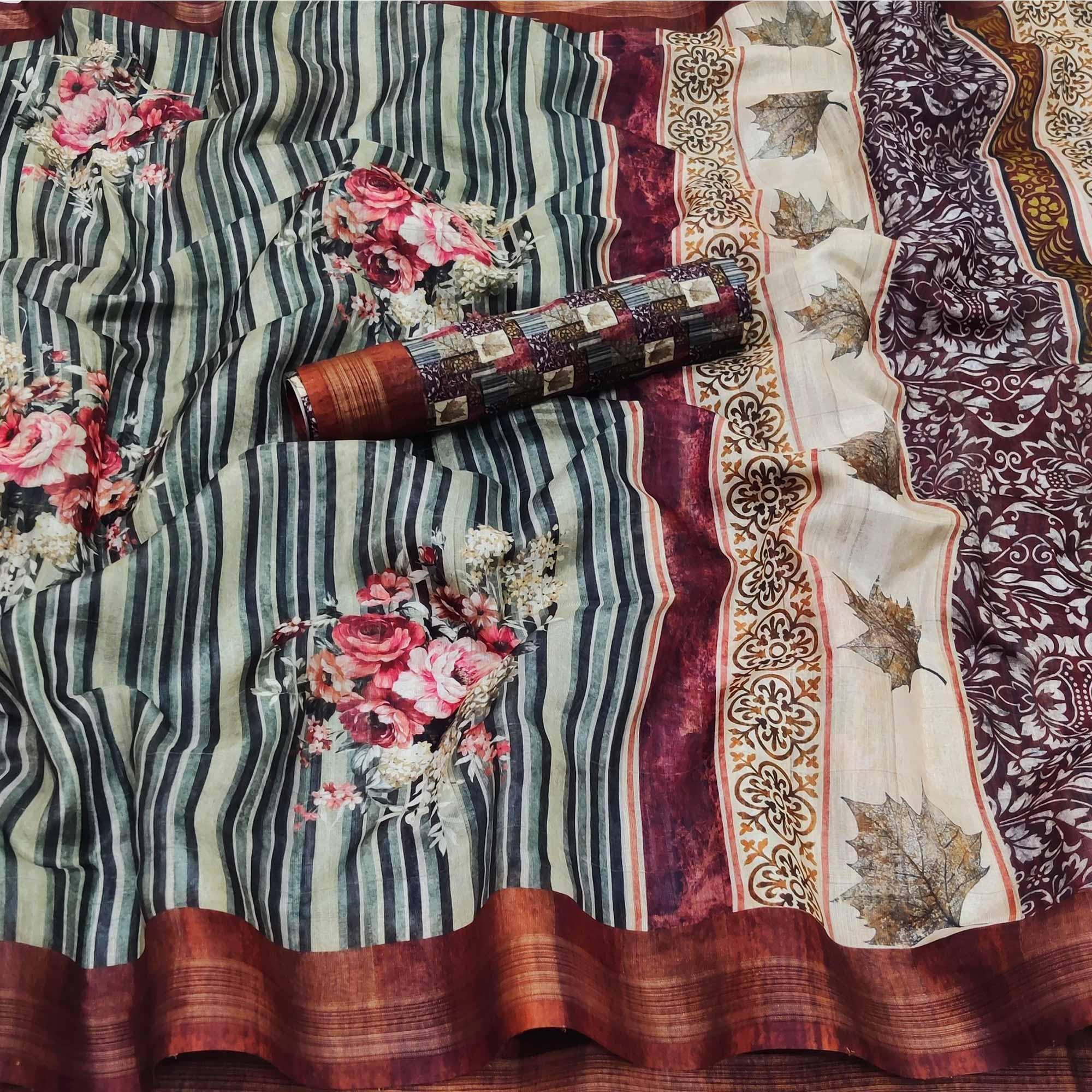 Multicolored Casual Wear Floral Printed Silk Saree - Peachmode