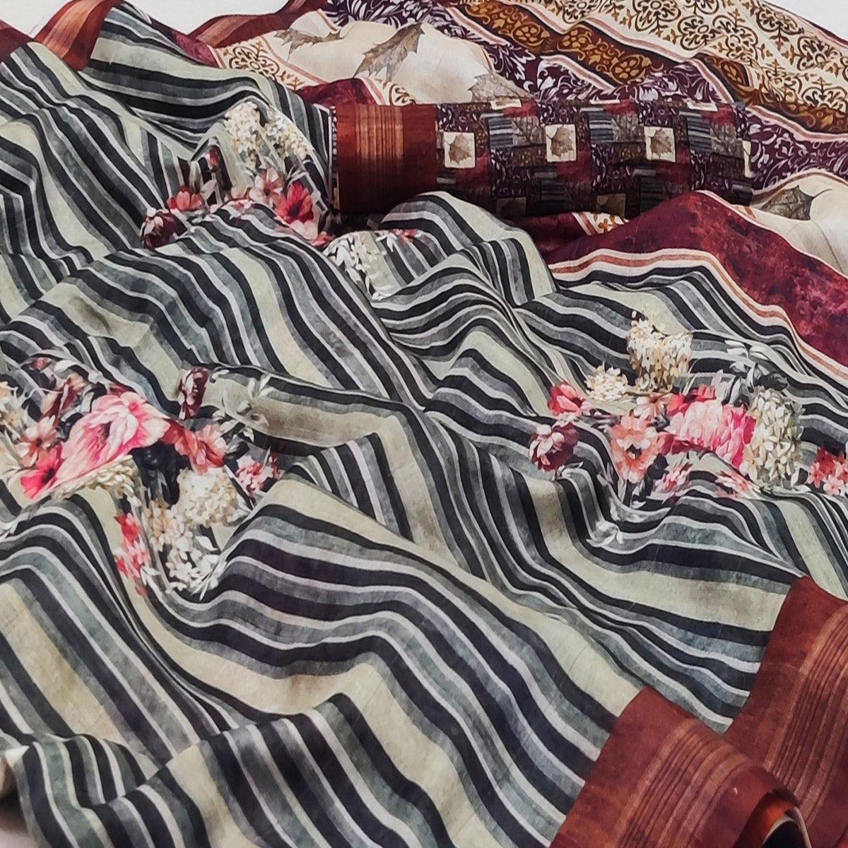 Multicolored Casual Wear Floral Printed Silk Saree - Peachmode