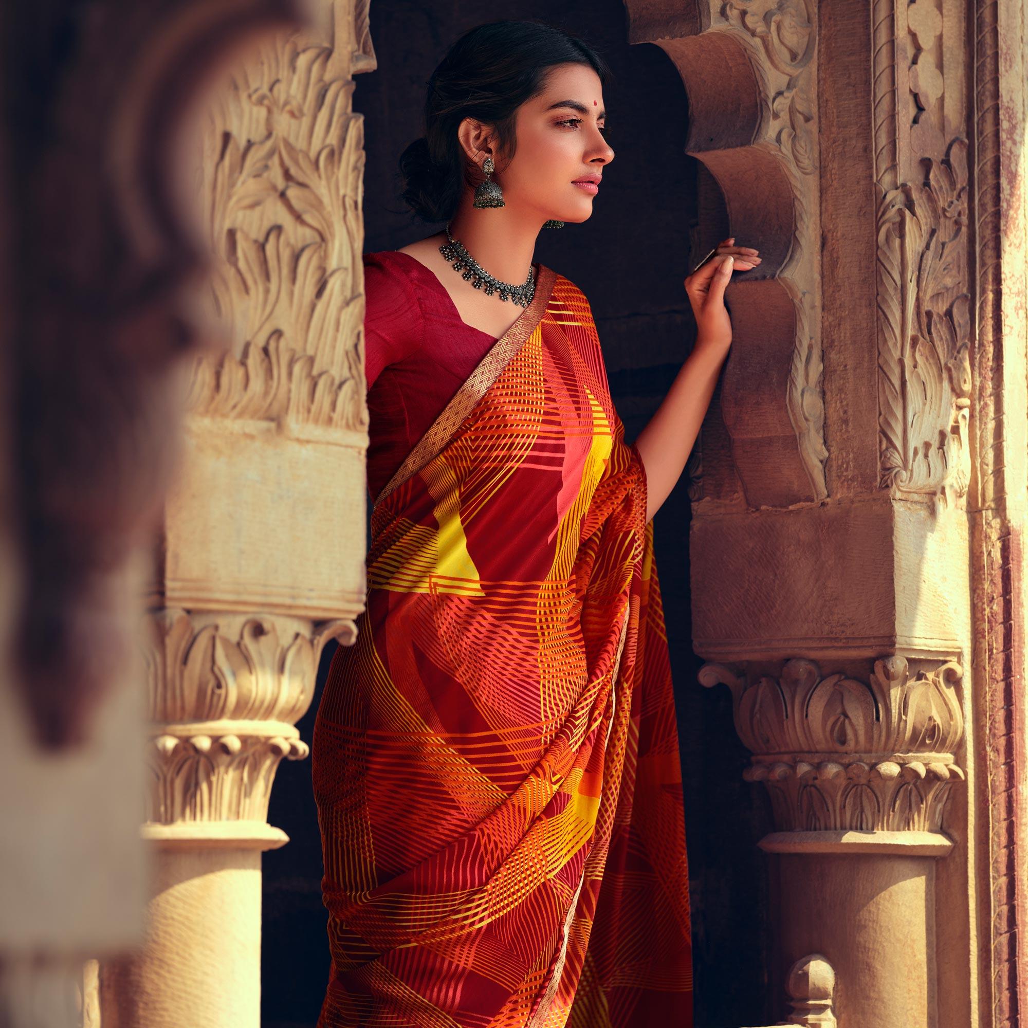 Multicolored Casual Wear Geometric Printed Heavy Micro Saree - Peachmode