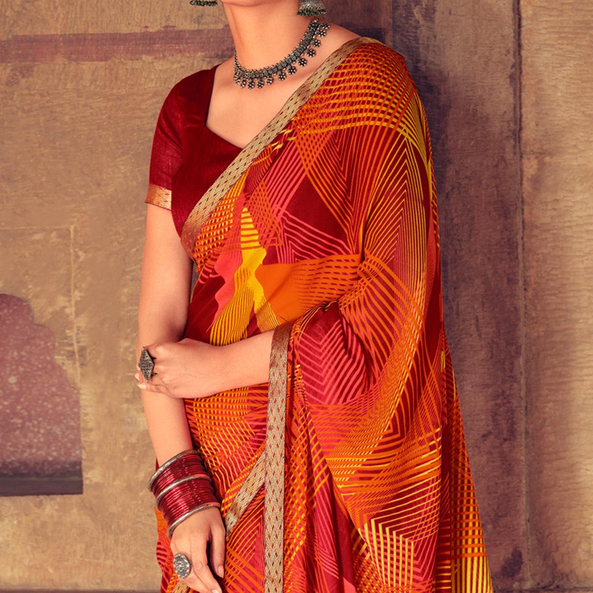 Multicolored Casual Wear Geometric Printed Heavy Micro Saree - Peachmode