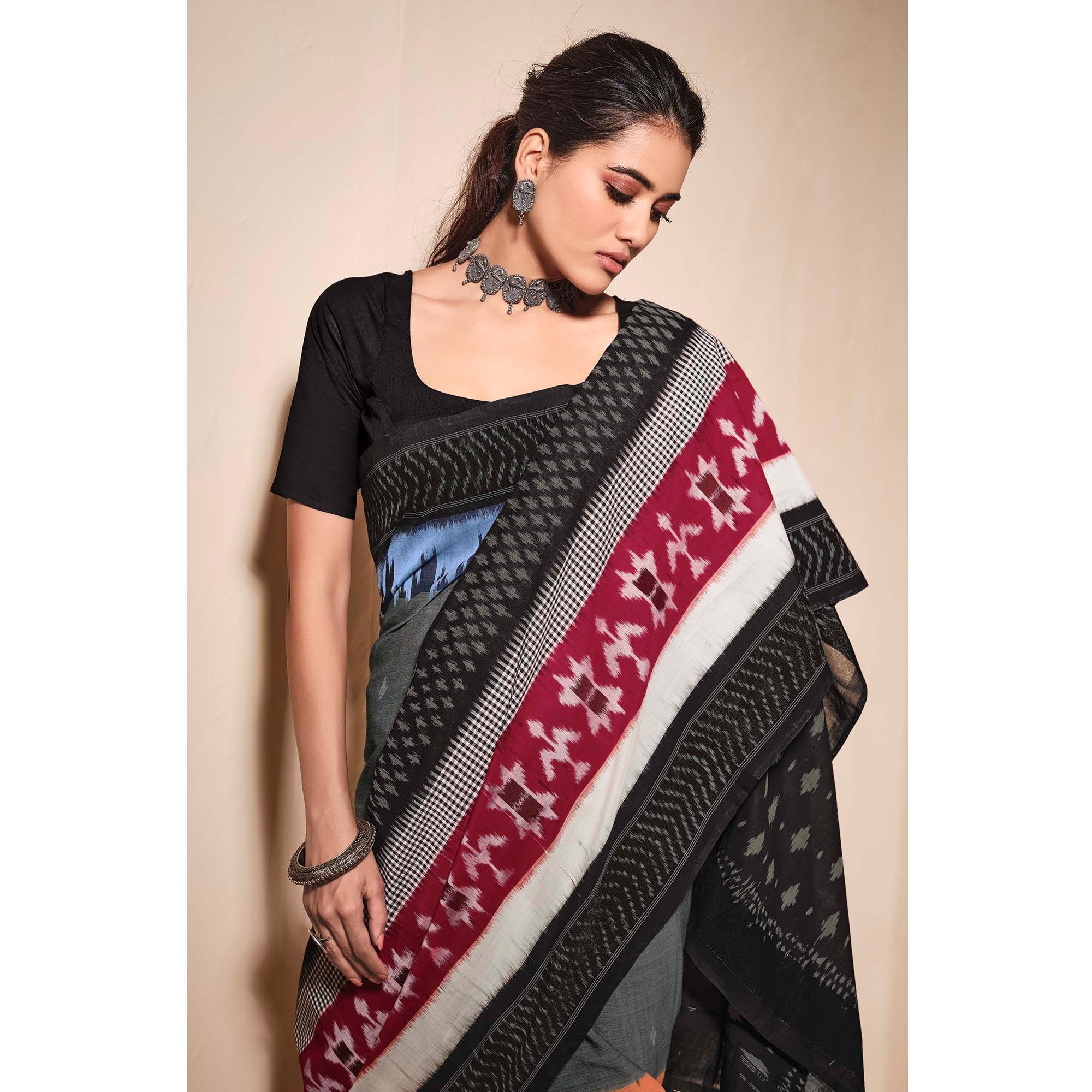 Multicolored Casual Wear Ikkat Printed Mul Mul Cotton Saree - Peachmode