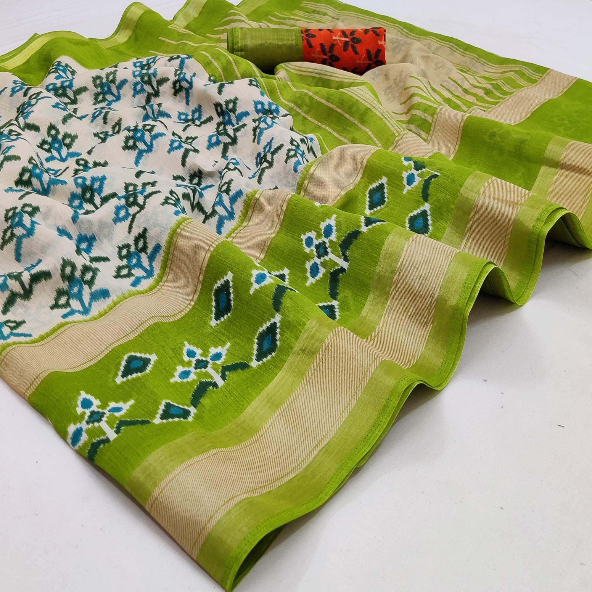 Multicolored Casual Wear Printed Cotton Saree With Jari Border - Peachmode