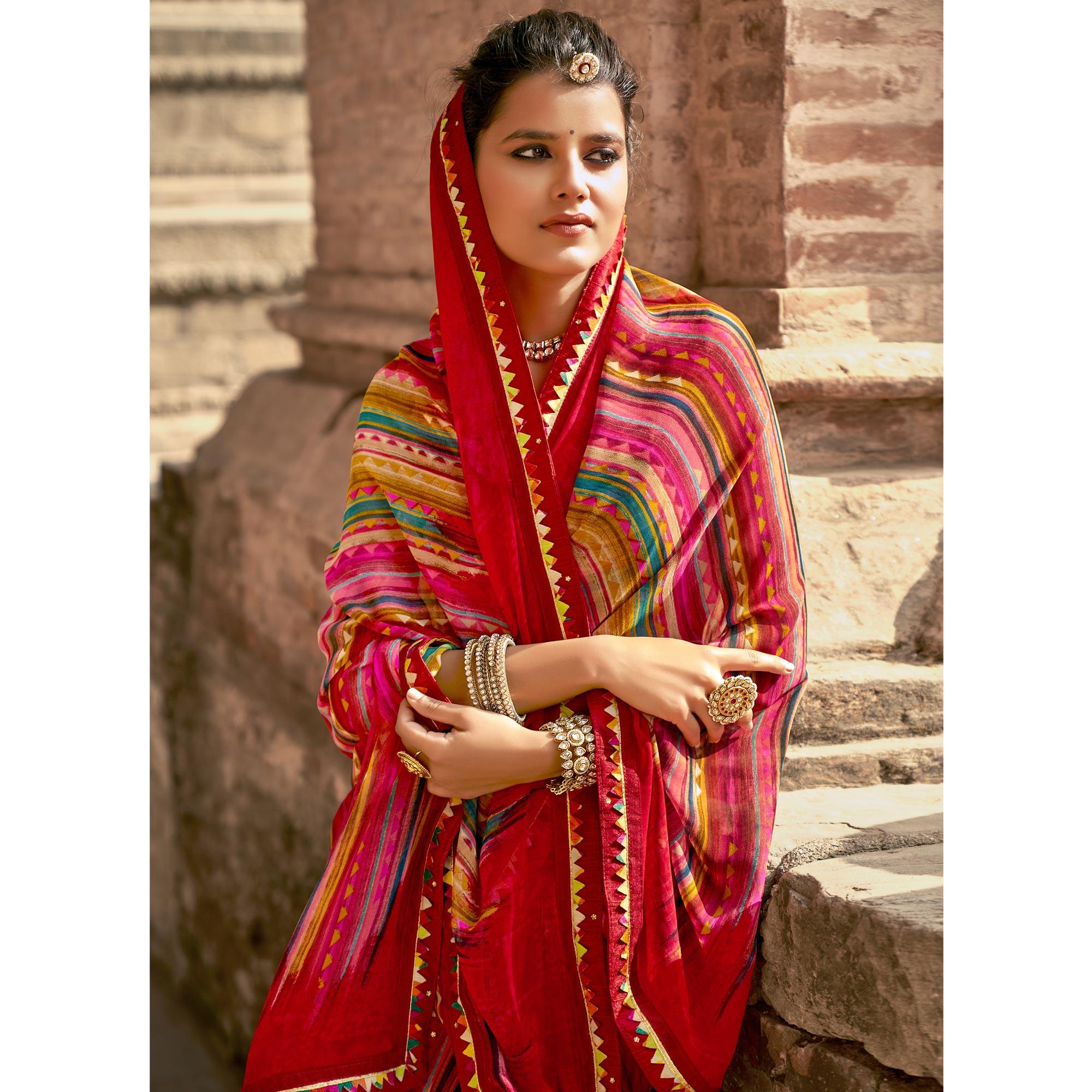 Multicolored Casual Wear Printed Georgette Saree With Fancy Lace - Peachmode