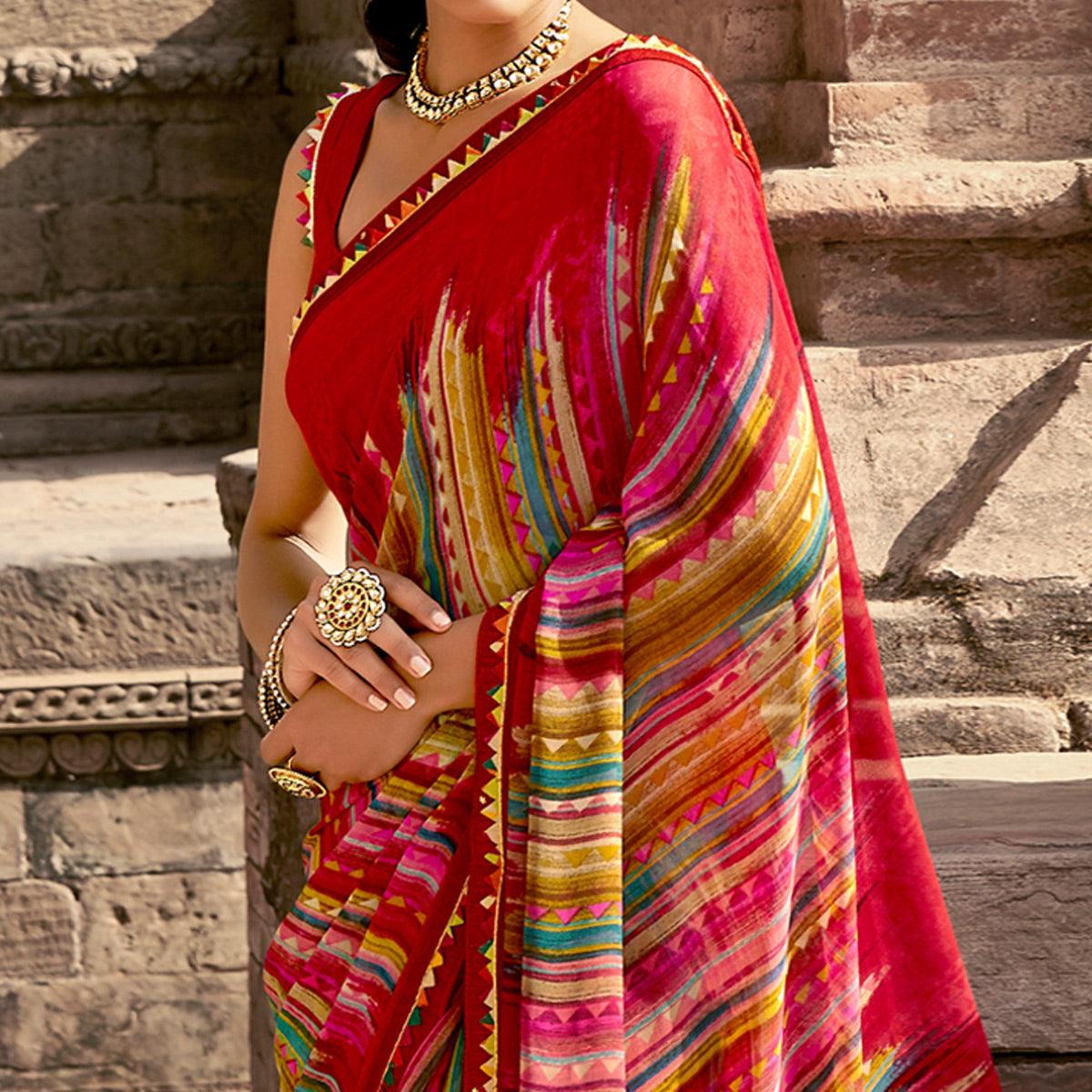 Multicolored Casual Wear Printed Georgette Saree With Fancy Lace - Peachmode