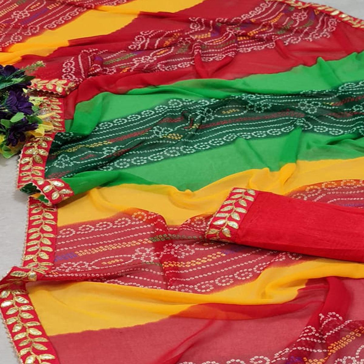 Multicolored Casual Wear Printed Georgette Saree With Gotta Lace Border - Peachmode