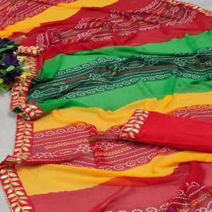 Multicolored Casual Wear Printed Georgette Saree With Gotta Lace Border - Peachmode