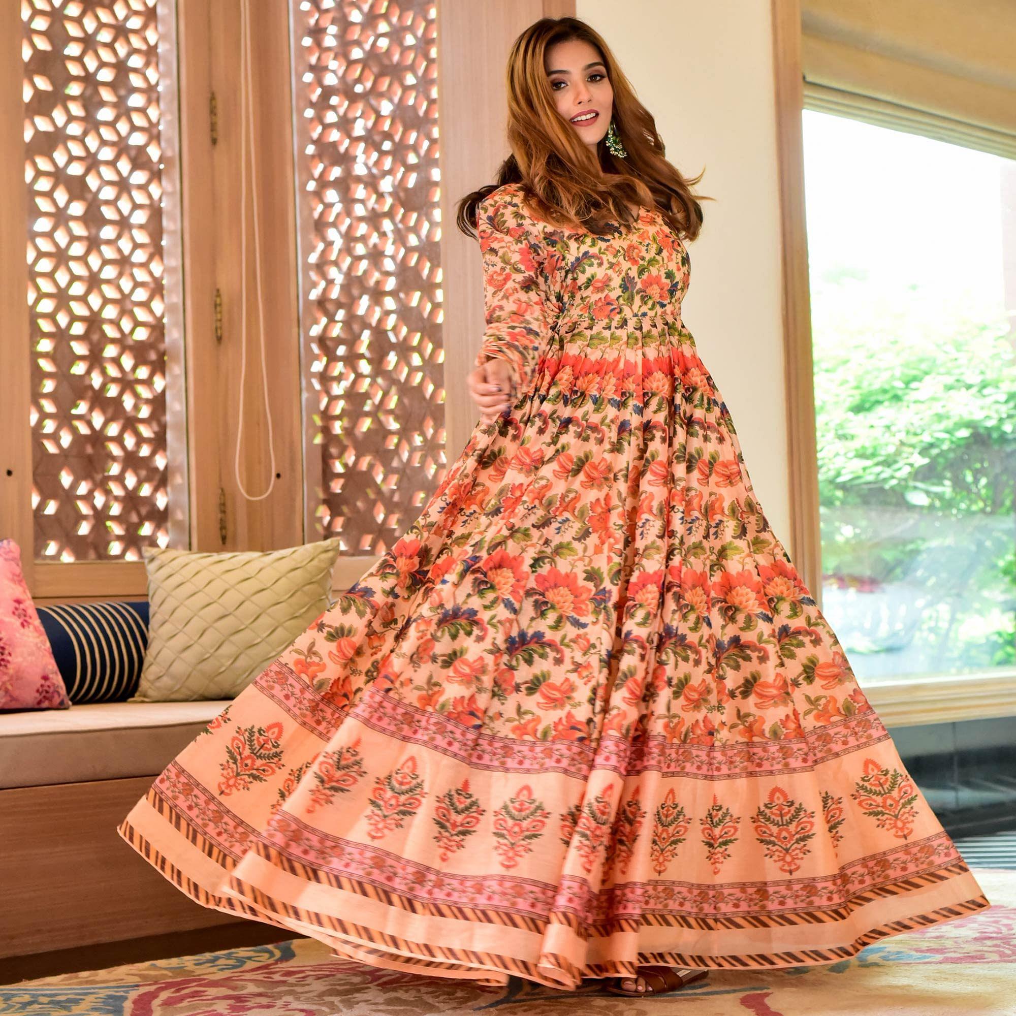 Multicolored Digital Floral Printed Muslin Gown - Peachmode