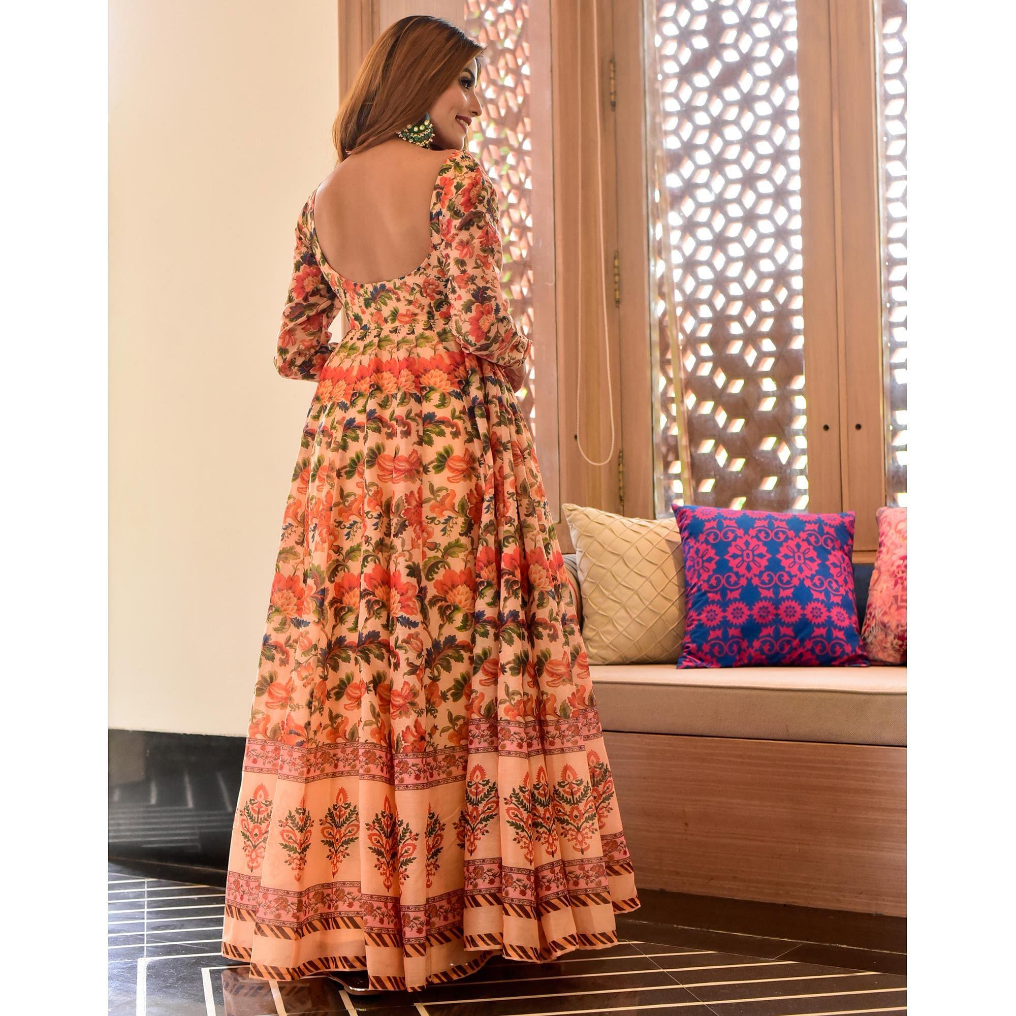 Multicolored Digital Floral Printed Muslin Gown - Peachmode