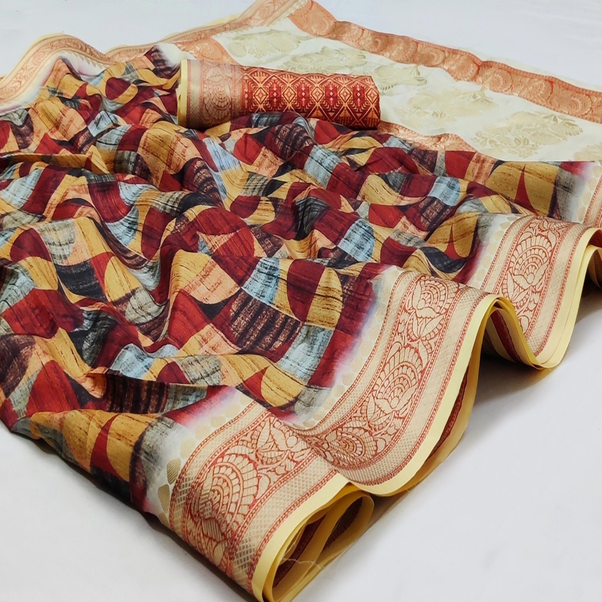 Multicolored Festive Wear Digital Printed Soft Silk Saree With Jacquard Border - Peachmode