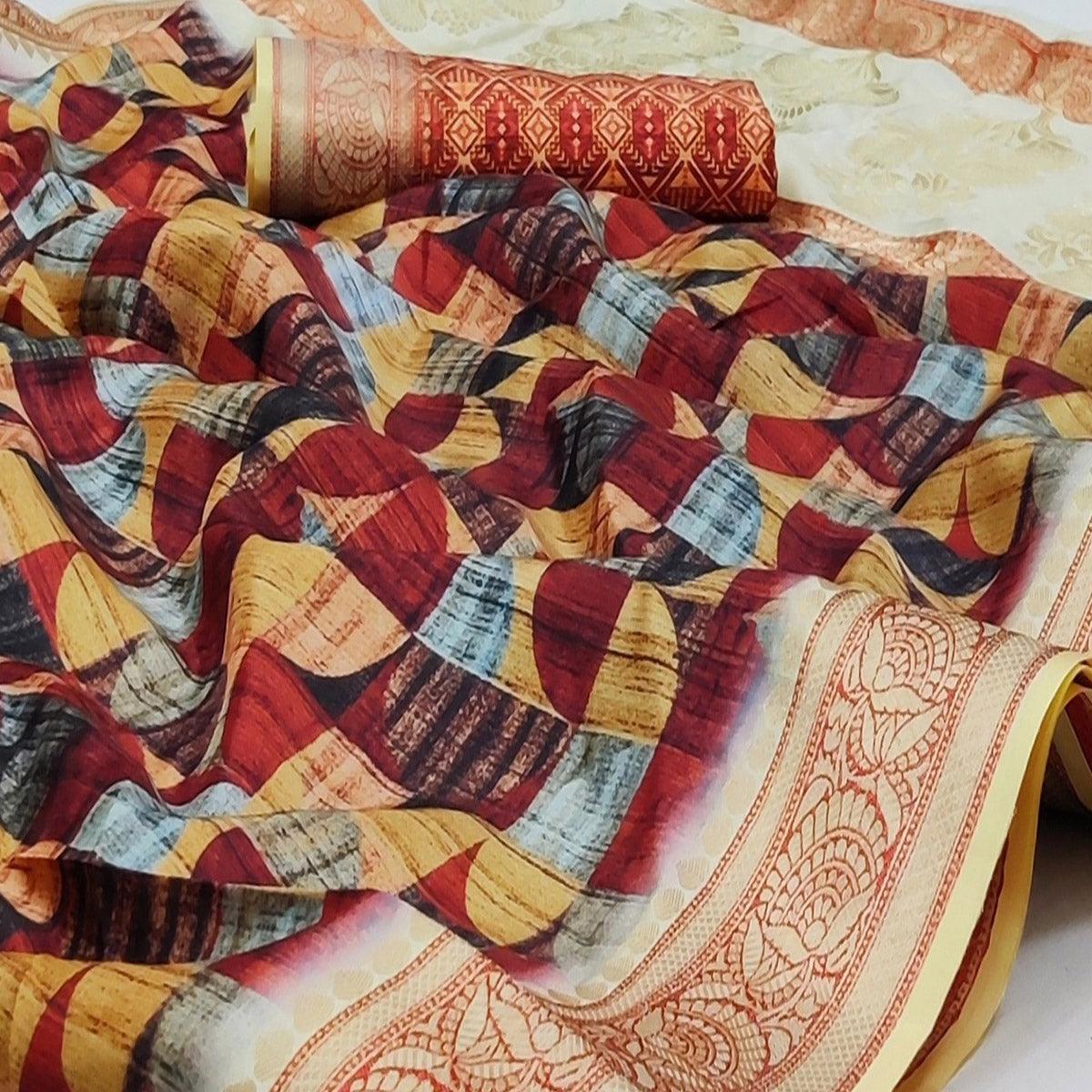 Multicolored Festive Wear Digital Printed Soft Silk Saree With Jacquard Border - Peachmode